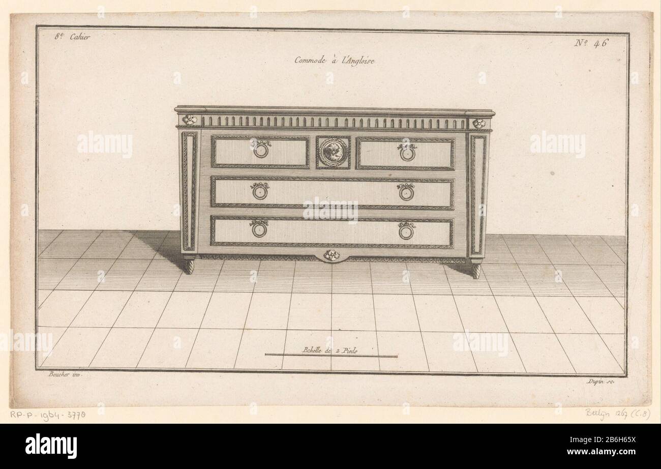 Une commode ornée de quatre tiroirs à motif fleuri. Imprimer Le Numéro 46. Fabricant : printmaker: Nicolas Dupin (propriété cotée) conçu par: Juste Nathan François Boucher (bâtiment classé) Editeur: Charles le Père & Pierre-Michel AvaulezPlaats fabrication: Paris Date: 1772 - 1779 Caractéristiques physiques: Gravure et engring matériaux: Papier technique: Gravure / engring (impression) mesures: Bord: H 201 mm × W 329 mmToelichtingPrent quatre d'une série de zes. Objet: Fleurs de cupboardornement  ornement Banque D'Images