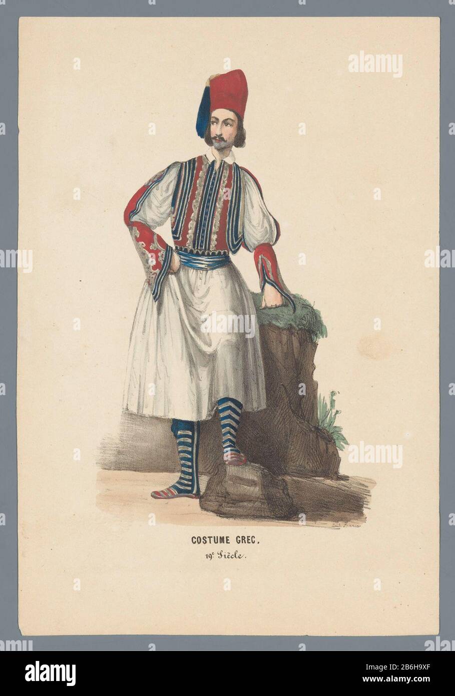 Homme en costume de robe grecque, XIXe siècle. Présentation ajoutée à la tôle sur la boule de costume tenue au palais du prince d'Orange (plus tard le roi William III) à la Haye le 26 février 1845. Fabricant : printmaker Elias Spanier (propriété cotée) Lieu de fabrication: Den Haag Date: 1840 - 1850 Caractéristiques physiques: Lithographie, matière de couleur manuelle: Technique du papier: Lithographie (technique) / Dimensions de couleur de la main: H 268 mm × W 183 mm Sujet: Costume historique où: 1840 - 1850 Banque D'Images