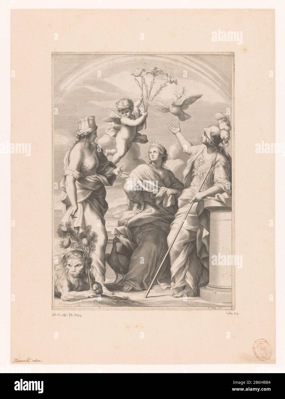 Cybele, Juno en Minerva, PR-P-B-72344 Trois femmes ensemble, au-dessus d'eux un puto avec des lilas et une colombe . À Cybele un lion avec branche de pin, à Juno a pauw. Fabricant : Print maker: François The Poilly (I) Date: 1632 - 1693 matériau: Technique du papier: Engrala (impression) / dimensions de gravure: Bord de la plaque: H 334 mm × W 237 mm Objet: (Histoire ou) Minerva (Pallas, Athena) aspects spécifiques, aspects allégoriques ou Cybele; Cybele comme condescendance (histoire) Juno (Hera) Banque D'Images