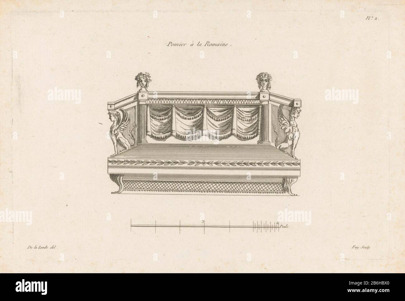 Un lit de jour orné de motifs feuilles, de draperies, de têtes et de deux sfinxen. Fabricant : printmaker Jean Baptiste Fay (propriété cotée) ordre du: Richard The Lalonde (bâtiment classé) éditeur: Bouche Hare & Jean (possible) Lieu de fabrication: Paris Date: 1784 - 1796 Caractéristiques physiques: Matière de gravure: Papier technique: Dimensions de gravure: Bord de la plaque: H 195 mm × W 296 mm Objet: Lit Banque D'Images