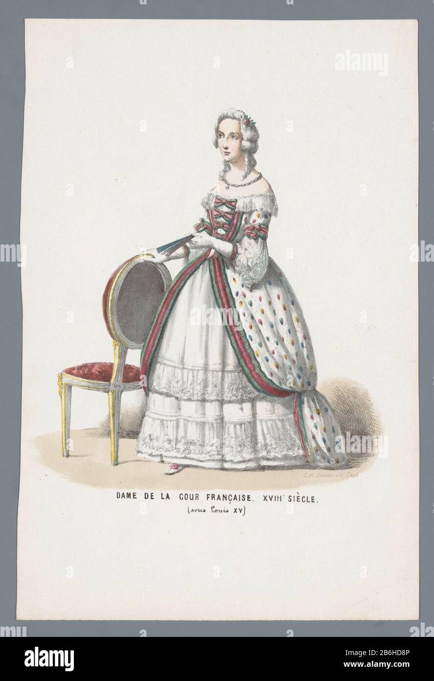 Femme en costume historique d'une femme d'honneur à la cour française de Louis  XV, XVIIIe siècle. Présentation ajoutée à la tôle sur la boule de costume  tenue au palais du prince d'Orange (