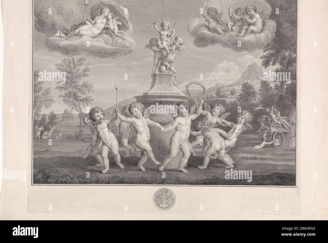 Danse putti avec le vol de Proserpina autour d'une statue qui a reçu trois putti, où: Un arc et une flèche, danse putti tenant les mains. Droite Proserpina de Pluton, dieu du sous-monde, kidnappée dans sa voiture. Laissé en arrière-plan rester des amies Proserpina derrière. Liens sur un nuage Vénus et Cupid assis sur la torche de l'amour. Trois putti de droite jouant de la musique sur un nuage. En marge des armes des électeurs de Saxe, que la peinture originale de la collection royale de Dresde hadden. Fabricant : printmaker Pieter Tanjénaar peinture par Francesco AlbaniPlaats manufacture Banque D'Images