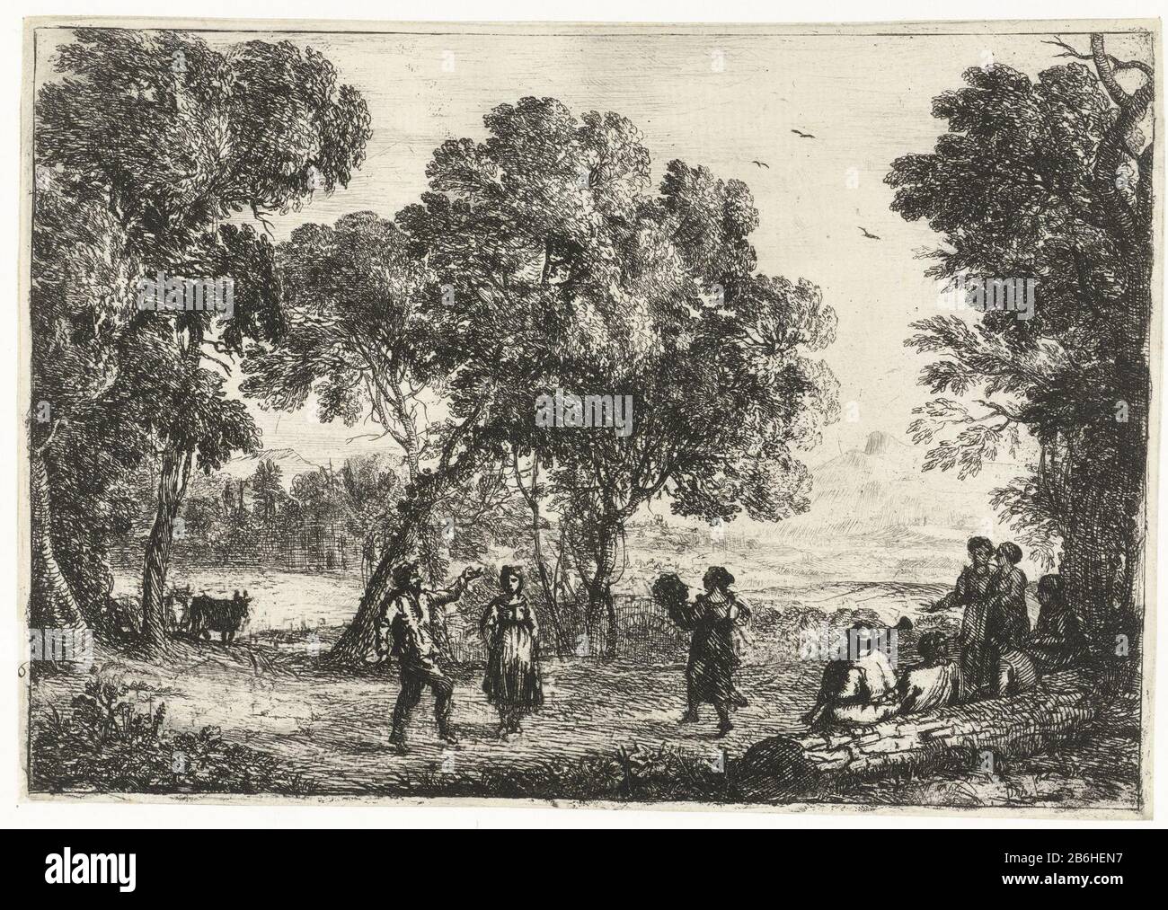 Dans le boom plus onder danse sous les arbres une fête dans un défrichement parmi les arbres. Trois personnes dansant et la musique est gemaakt. Fabricant : printmaker: Claude Lorrain à son propre design: Claude Lorrain Date: 1635 - 1639 Caractéristiques physiques: Matériel de gravure: Technique du papier: Gravure Dimensions: Feuille: H 139 mm × W 197 mm Sujet: Danse musique populaire, musique de rue Banque D'Images