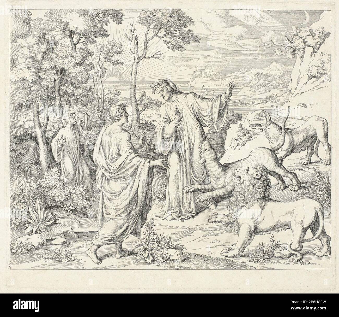 Dante terrifiée par trois bêtes RP-P-2007-332 gauche dans la forêt dormant Dante Où: Après qu'il se réveille et est ensuite attaqué par un loup, un léopard et un lion. Au premier plan se trouve Virgile. En arrière-plan la mer et le soleil levant. Au sommet se trouve un zodiaque avec Aries et la Lune zichtbaar. Fabricant : printmaker Joseph Anton Koch Date: 1778 - 1839 matériau: Technique du papier: Gravure Dimensions: Bord de la plaque: H 330 mm × W 380 mmToelichtingDeze image est une illustration de Canto I: 31-60 de Divine Comedy, écrit par Dante Alighieri. Sujet (scènes de) ouvrages spécifiques de littérature: Dante's D Banque D'Images