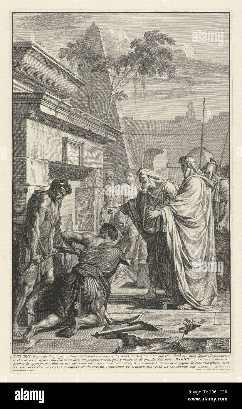 Darius laisse ouvrir le tombeau Nitocris Le roi perse Darius laisse ouvrir la tombe de Nitocris, reine de Babylone. Elle a eu son grave fait être mis sur la porte pour empêcher le passage à Darius. Dans la marge une légende de quatre lignes en français faisant référence à l'histoire de Herodotus (Livre I) . Fabricant : printmaker: Bernard Picart (propriété cotée) à la peinture: Eustache Lesueur (propriété cotée) Lieu de fabrication: Amsterdam Date: 1725 Caractéristiques physiques : gravure et engrafage matériau: Technique du papier: Gravure / engrafage (impression) Dimensions: Bord de la plaque: H 363 mm × W 223 mm Objet Darius ouvre le gr Banque D'Images