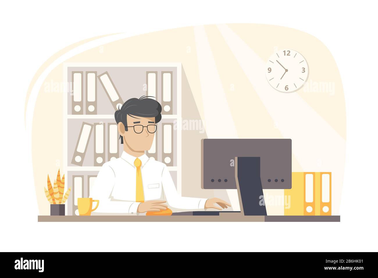Le jeune homme travaille au bureau. Concept pour l'espace de travail, le Web, l'arrière-plan et les modèles. Illustration vectorielle avec calques séparés. Illustration de Vecteur Le jeune homme travaille au bureau. Concept pour l'espace de travail, le Web, l'arrière-plan et les modèles. Illustration vectorielle avec calques séparés. Illustration de Vecteur