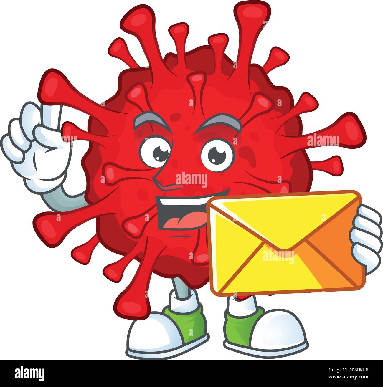 Joli visage dangereux coronavirus mascotte motif tenant une enveloppe Illustration de Vecteur