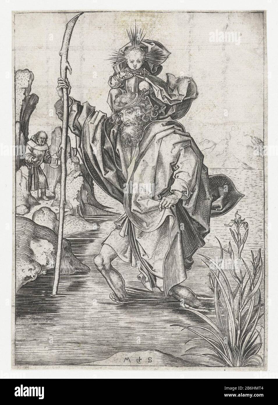 Saint-Christopher transportant l'enfant du Christ Le Saint-Christopher qui traverse une rivière un bâton dans sa main droite et l'enfant du Christ sur ses épaules. Sur le rivage est un ermit avec une lampe. Fabricant : printmaker Martin Schongauer (propriété cotée) Lieu de fabrication: Allemagne Date: 1470 - 1490 Caractéristiques physiques: Matériau de la voiture: Technique du papier: Engraa (procédé d'impression) Dimensions: Feuille: H 161 mm × W 116 mm Objet: Saint-Christopher avec le bébé Christ sur ses épaules, qui traverse l'eau et transporte son personnel (palmier); parfois, un ermite se tient Plus Loin sur le banc à côté d'une chapelle Banque D'Images