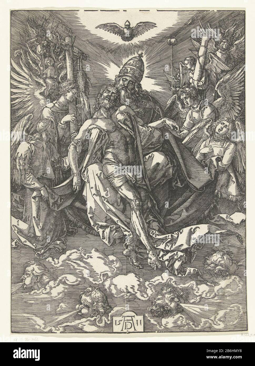 Le Dieu de la Sainte Trinité aime le Christ mort dans les pauvres alors qu'au-dessus d'eux envole l'Esprit Saint sous la forme d'une colombe. Autour d'eux anges avec passiewerktuigen. Fabricant : printmaker Albrecht Dürer (propriété cotée) Lieu de fabrication: Nuremberg Date: 1511 Caractéristiques physiques: Matière de coupe de bois: Technique du papier: Dimensions de la coupe du bois: Image: H 391 mm × W 287 mm Objet: Trinity Combien de disciples Dieu le Père et le Christ sont représentés comme des personnes, le Saint-Esprit comme colombe'Arma Christi' Banque D'Images