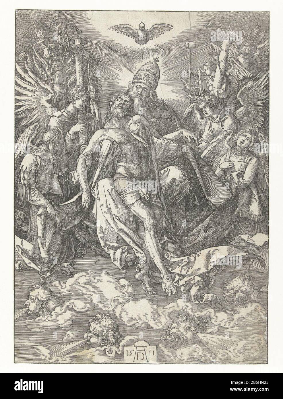 Le Dieu de la Sainte Trinité aime le Christ mort dans les pauvres, alors qu'au-dessus d'eux le Saint Esprit sous la forme de flotteurs d'une colombe. Autour d'eux anges avec passiewerktuigen. Fabricant : printmaker Albrecht Dürer (propriété cotée) Lieu de fabrication: Nuremberg Date: 1511 Caractéristiques physiques: Matière de coupe de bois: Technique du papier: Dimensions de la coupe du bois: Image: H 390 mm × W 280 mm Objet: Trinity Combien de disciples Dieu le Père et le Christ sont représentés comme des personnes, le Saint-Esprit comme colombe'Arma Christi' Banque D'Images