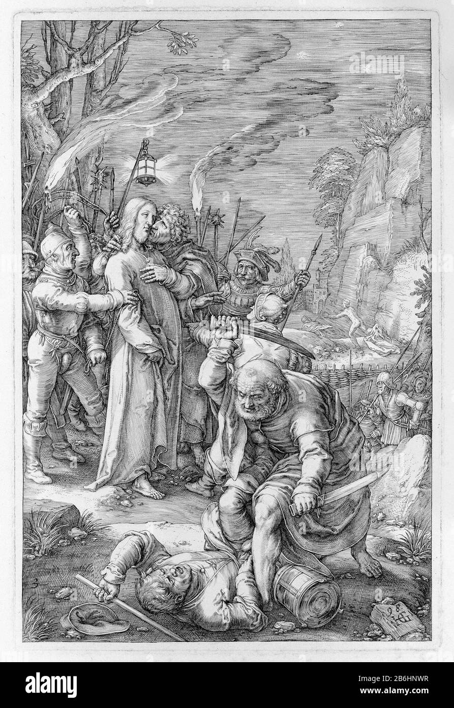 Le Judas embrasse la Passion (titre de la série) le Christ est capturé par des soldats dans le jardin de Gethsemane. Judas l'embrasse sur la joue. Au premier plan, Peter Malchus coupe une oreille. Ce tirage fait partie d'une série de douze passivoorstellingen. Fabricant : printmaker: Hendrick Goltzius (bâtiment classé) dans sa conception: Hendrick Goltzius Inspiration: Lucas van Leyden Inspiration: Albrecht Dürer Éditeur: Hendrick Goltzius Éditeur: Frederick WitPlaats fabrication: Printmaker: Haarlem Éditeur: Haarlem Éditeur: Amsterdam Date: 1598 Caractéristiques physiques: Un matériau technique: ENG: Papier technique Banque D'Images