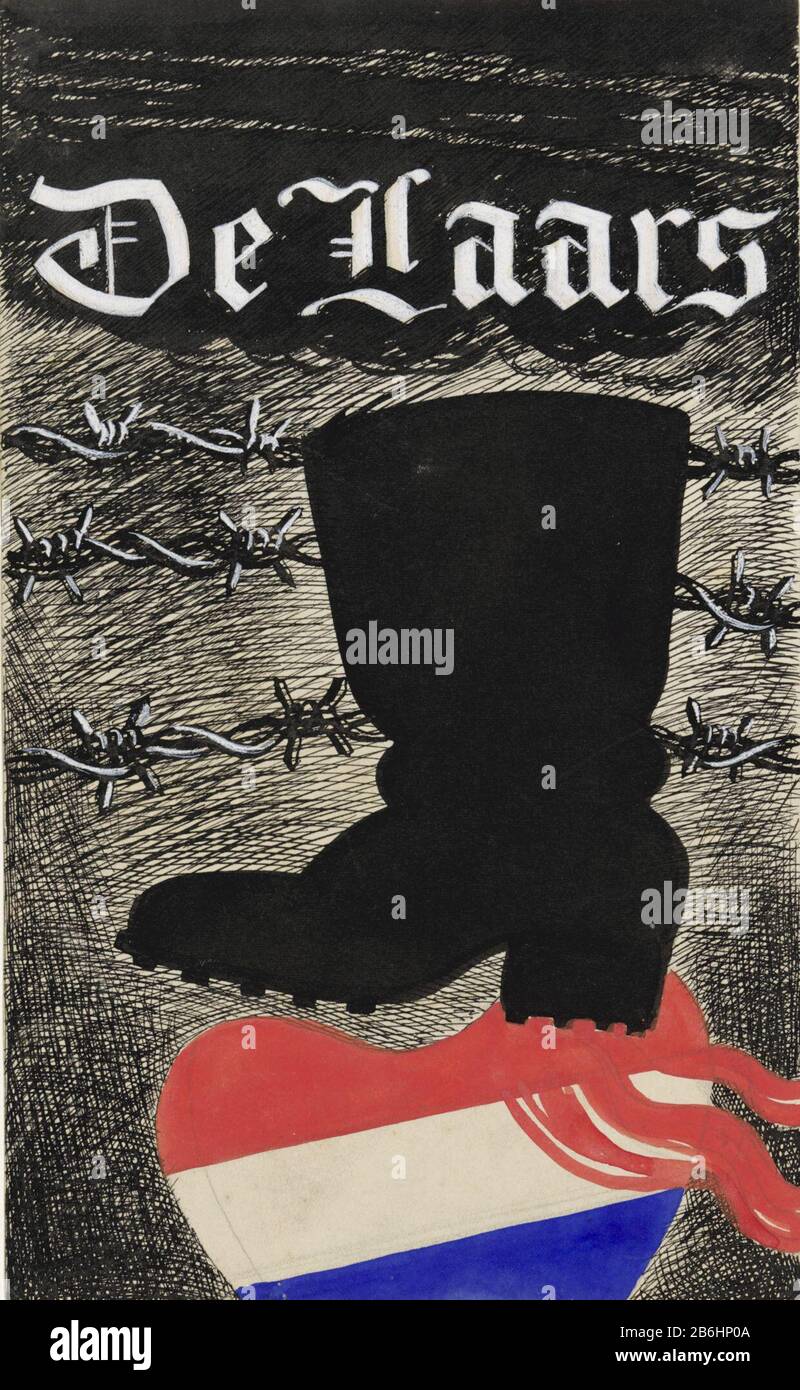 Chaussure Caricature du socialisme national avec un coffre militaire qui piétinent un coeur aux couleurs du drapeau néerlandais. Derrière le prikkeldraad de coffre. Fabricant : dessinateur: Henk Henriët (possible) Date: 1933 - 1945 Caractéristiques physiques: Stylo ou pinceau en noir, aquarelle, blanc dékverf matériau: Aquarelle encre finition peinture technique: Stylo / pinceau dimensions: H 295 mm × W 180 mm Banque D'Images