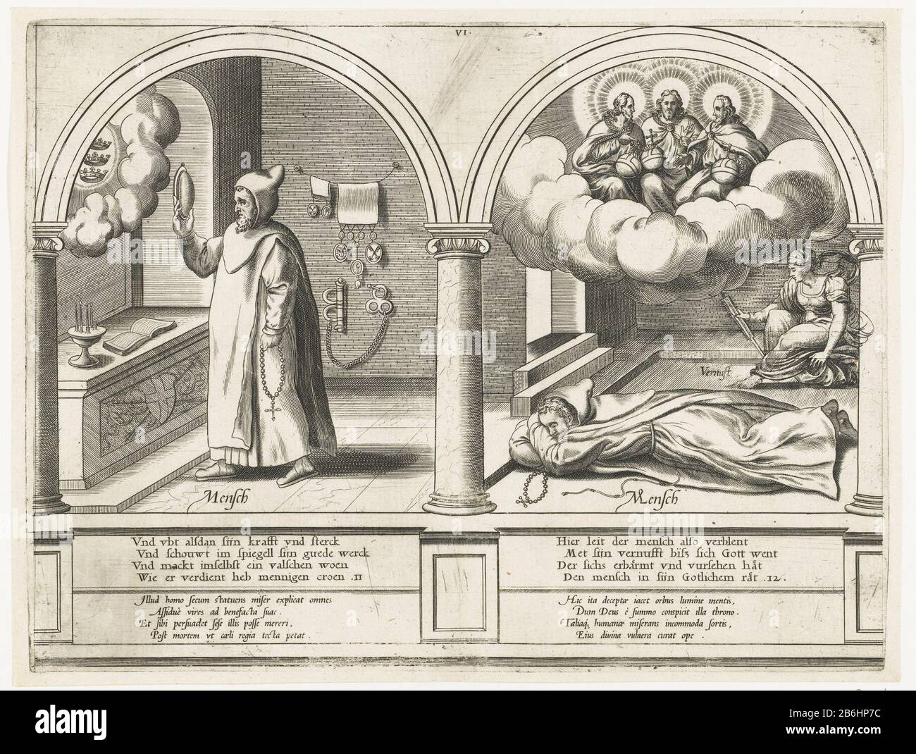L'homme s'admire lui-même et est aveugle à la Trinité voie du salut de l'homme (titre de la série) Deux allégories bibliques dans le cadre architectural. Gauche regardant l'homme, vêtu d'habitude, rosaire dans la main, dans le miroir, dans l'illusion qui récompensera le bon travail. Les trois couronnes symbolisent cette récompense. Sur les manilles murales de l'auto-flagellation et des indulgences avec joints papal. Le droit de l'homme est terminé, au-dessus de lui la Trinité, qui est l'ami aveugle. En plus de l'homme la personnification de l'ingéniosité humaine. Sous les deux représentations un verset de quatre lignes en bas-allemand et un texte de quatre lignes en latin. Nombre Banque D'Images