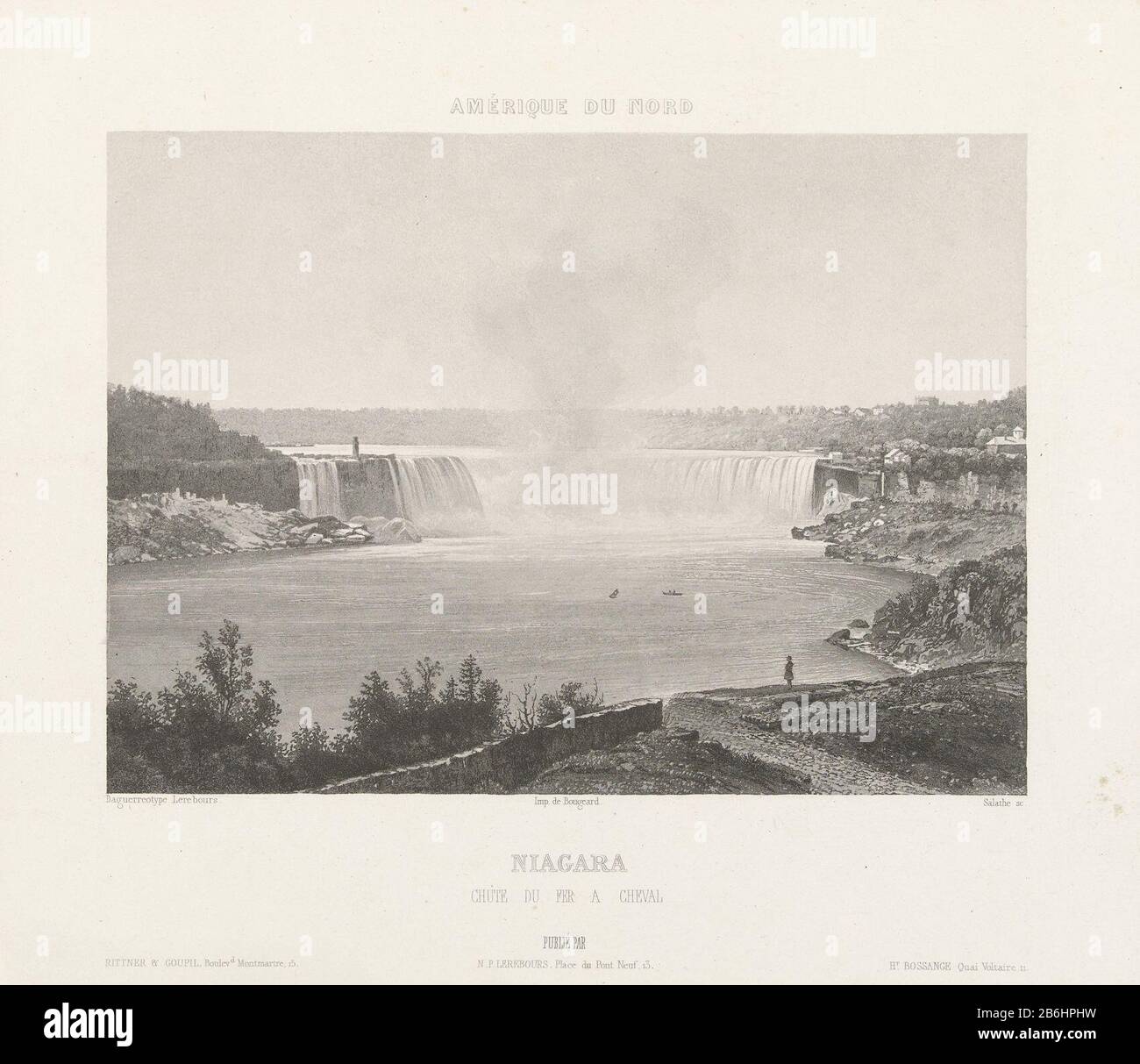 The Niagara Falls Amérique du Nord, Niagara, chute du fer A cheval (titre objet) The Niagara WatervallenAmerique du nord, Niagara, chute du fer A cheval (titre objet) Type de bien: Photographies Numéro d'article: RP-F-F03222-B Fabricant : Photographe: Noel Marie Paymal Lerecours éditeur: Rittner & Goupil (bâtiment classé) Jean-Hector Bossange (propriété cotée) Lieu de fabrication: France Date: 1840 Caractéristiques physiques: Lithographie: Carton papier technique: Lithographie (technique) Dimensions: Photo: H 145 mm × W 202 mblad: H 280 mm × W 395 mOnderwerp Banque D'Images