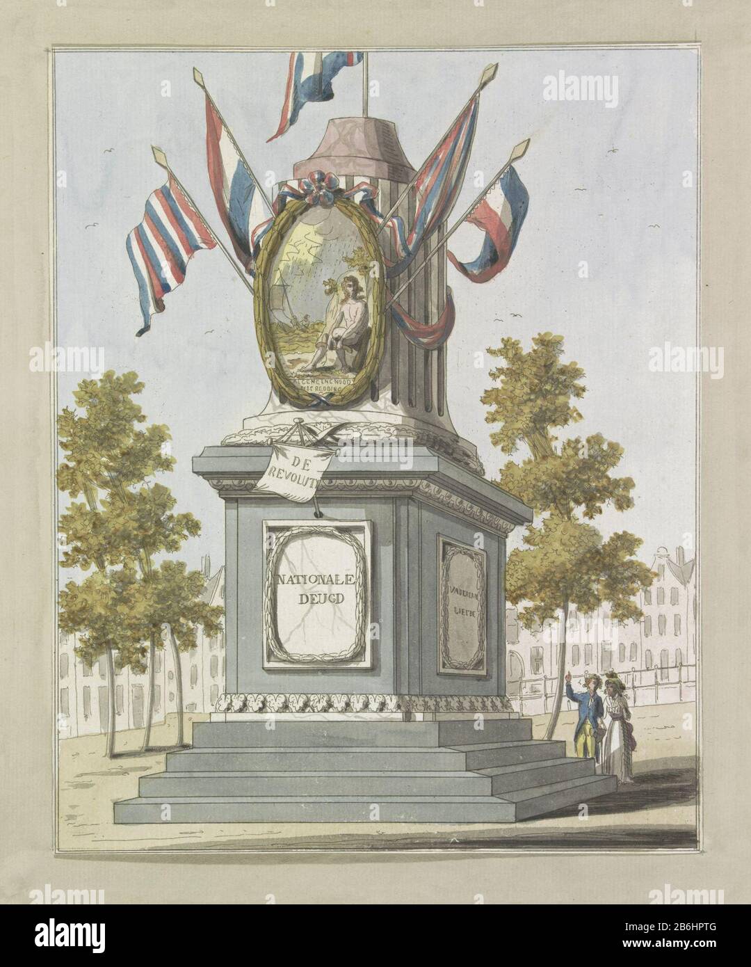 Révolution, décorations sur La Place Royale, 1795 dix feuilles des décorations du Parti Alliance à Amsterdam en 1795 (titre de la série) Révolution, décorations allégoriques érigées sur la place à Amsterdam avec le Parti Alliance le 19 juin 1795. Colonne tronquée avec un chassinet ovale avec Hercules (Battavian valor et courage) qui brise le joug de l'aristocratie. Parmi son pied, il tReading est une couronne et une chaîne. Les meilleurs drapeaux néerlandais et français. Fait partie d'une série de dix plateaux. Fabricant : Print Maker: A. Verkerk Éditeur: John Roelof Poster City fabrication: Print Maker: The Netherlands Publ Banque D'Images