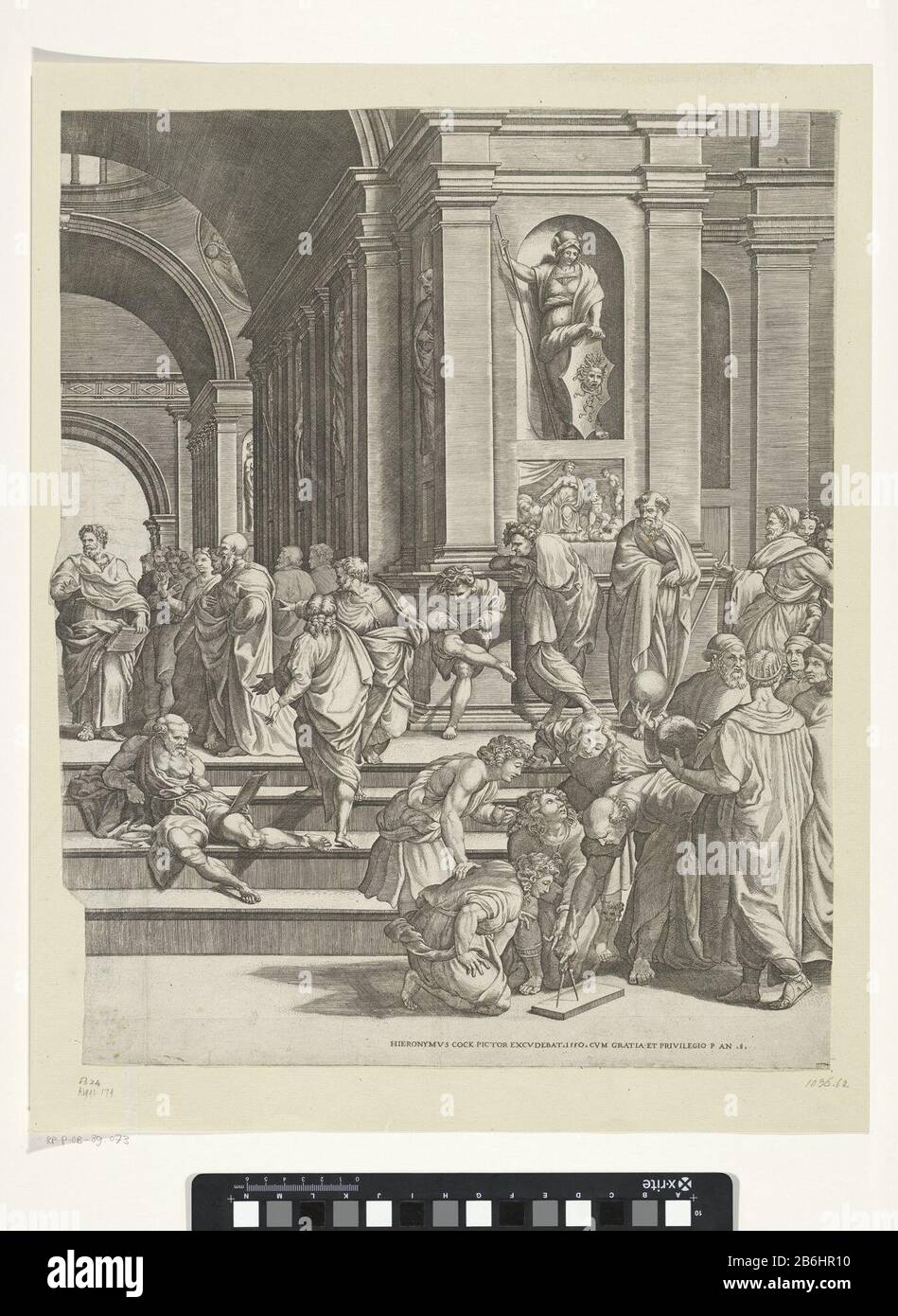 L'Ecole d'Athènes (panneau droit) Het fresco 'ne School van Athene' porte Rafaël à de Stanza della Segnatura à het Apostolisch paleis à het Vaticaan. Het toont een filiofenschool d'agora Banque D'Images