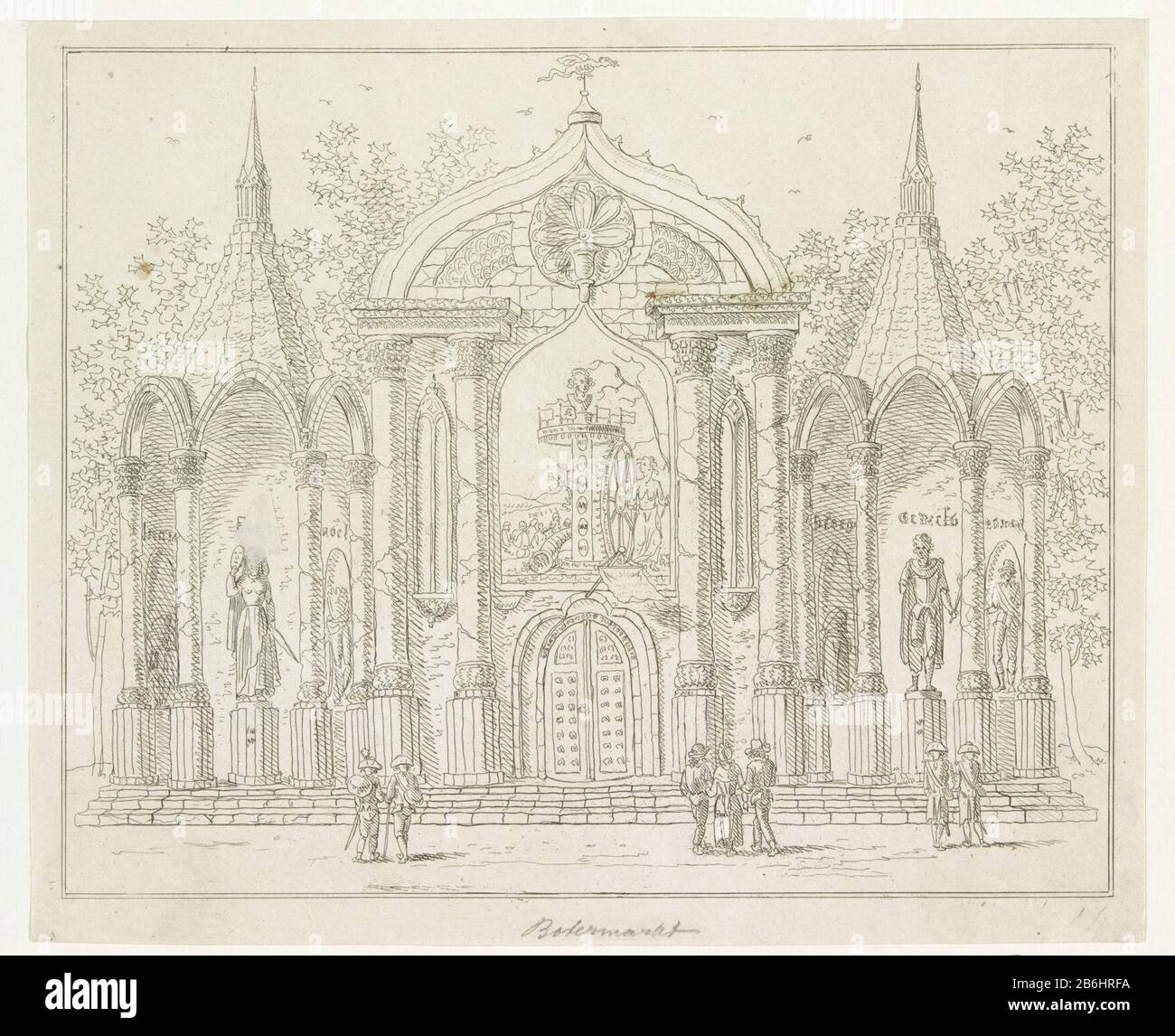 Destruction de l'ancienne Constitution, décoration sur le marché Du Beurre, 1795 dix des assiettes de décorations du Parti Alliance à Amsterdam en 1795 (titre de la série) La vieille Constitution décoration allégorique destruction établie dans le marché Du Beurre à Amsterdam avec le Parti Alliance le 19 juin 1795. Décoration sous forme de ruine d'une chapelle gothique, tourner sur l'envie centrale du chassinet au volant de l'aristocratie qui met un millénaires en mouvement. Fait partie d'une série de dix plateaux. Fabricant : printmaker A. Verkerk Éditeur: John Roelof Poster Place fabrication: Printmaker: Netherlands Banque D'Images