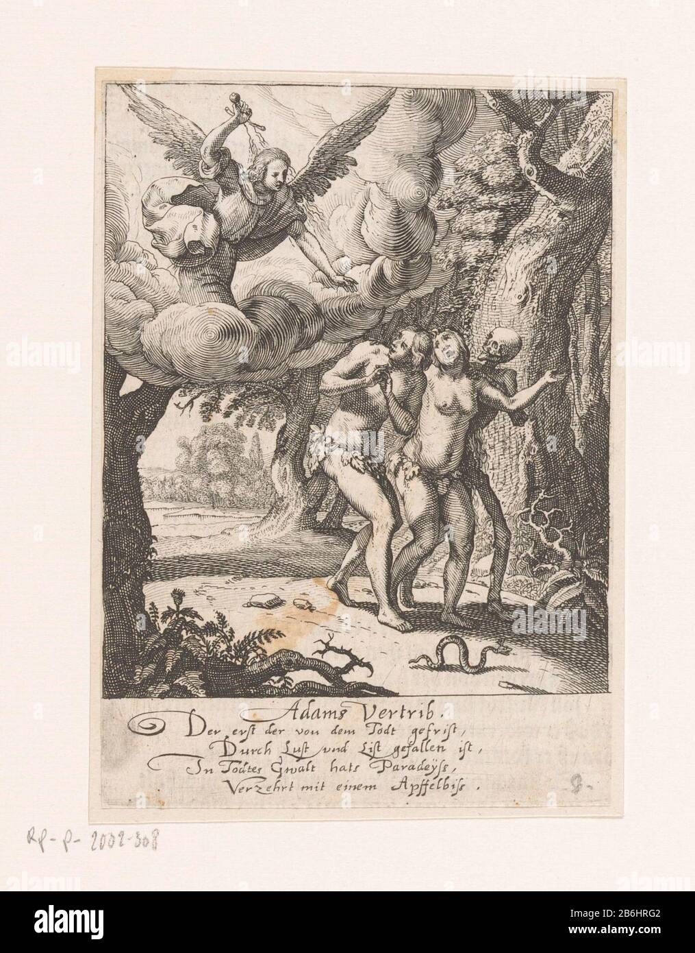 L'expulsion de Paradise Adams Vertrib (titre objet) Les Dodendans (titre de la série) Adam et Eve par un ange avec flamber lourd d expulsés du Paradis. En plus d'Eva court la mort skelet. Fabricant : printmaker Rudolph Meyer Imprimer auteur: Conrad Meyer pour concevoir Rudolph Meyer Éditeur: Johann Jakob Bodmer Date: 1650 Caractéristiques physiques: Gravure et impression de texte sur le matériau verso: Technique du papier: Gravure Dimensions: Feuille: H 129 mm ( découpe dans le bord de la plaque) × W 90 mm (découpe dans le bord de la plaque) Remarques impression de: Meyer, Rudolph. Sterbenspiegel, das ist sonne fait Vorstellung homme l Banque D'Images