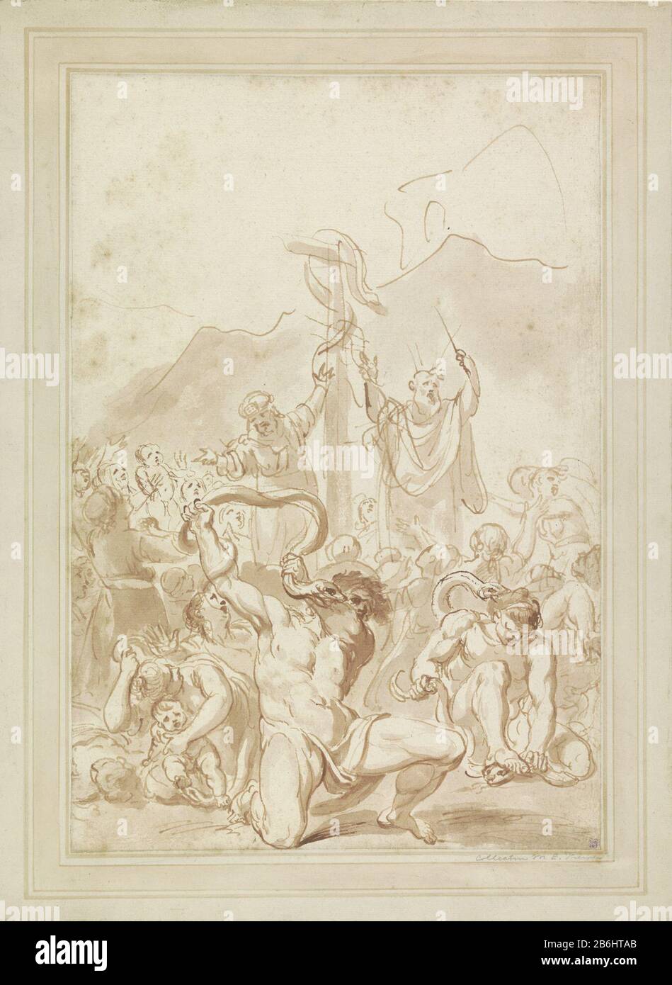 Le culte du serpent brazen Le culte du serpent brazen type d'objet: Dessin Numéro d'objet: RP-T 1981-9 Fabricant : dessinateur Giovanni Battista Cipriani Dating: 1737 - 1785 Caractéristiques physiques: Pinceau en matière brun rouge: Papier technique: Dimensions du pinceau: H 457 mm × W 312 mm Objet: Le serpent brazen (numéros 21: 4-9) Banque D'Images