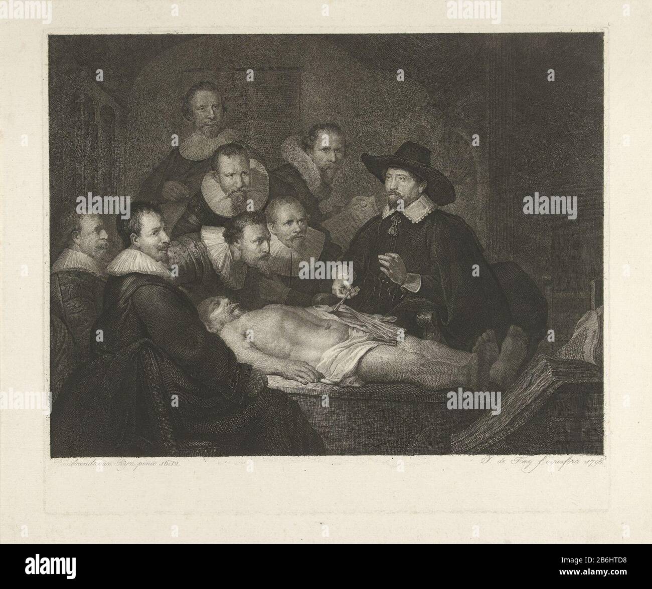 Leçon d'anatomie du Dr Nicolaes Tulp Portrait du groupe des chirurgiens d'Amsterdam lors d'une leçon d'anatomie. Les hommes assis et debout autour d'une table sur laquelle un cadavre. Le Dr Nicolaes Tulp Enseigne. Il a le bras du corps exposé et tenant une paire de pinces avec un ensemble de muscles de bras vers le haut, alors qu'il fait une main démontrant le geste avec son autre. Outre Nicolaes Tulp, sont également chirurgiens Jacob Blok, Hartman Hartmansz, Adraen Slabran, Jacob de Witt, Mathijs Turquie, Jacob Kool Velt et Frans van Loenen afgebeeld. Fabricant :. Le créateur d'impression John Pieter de Frey (propriété cotée) à la peinture: Re Banque D'Images