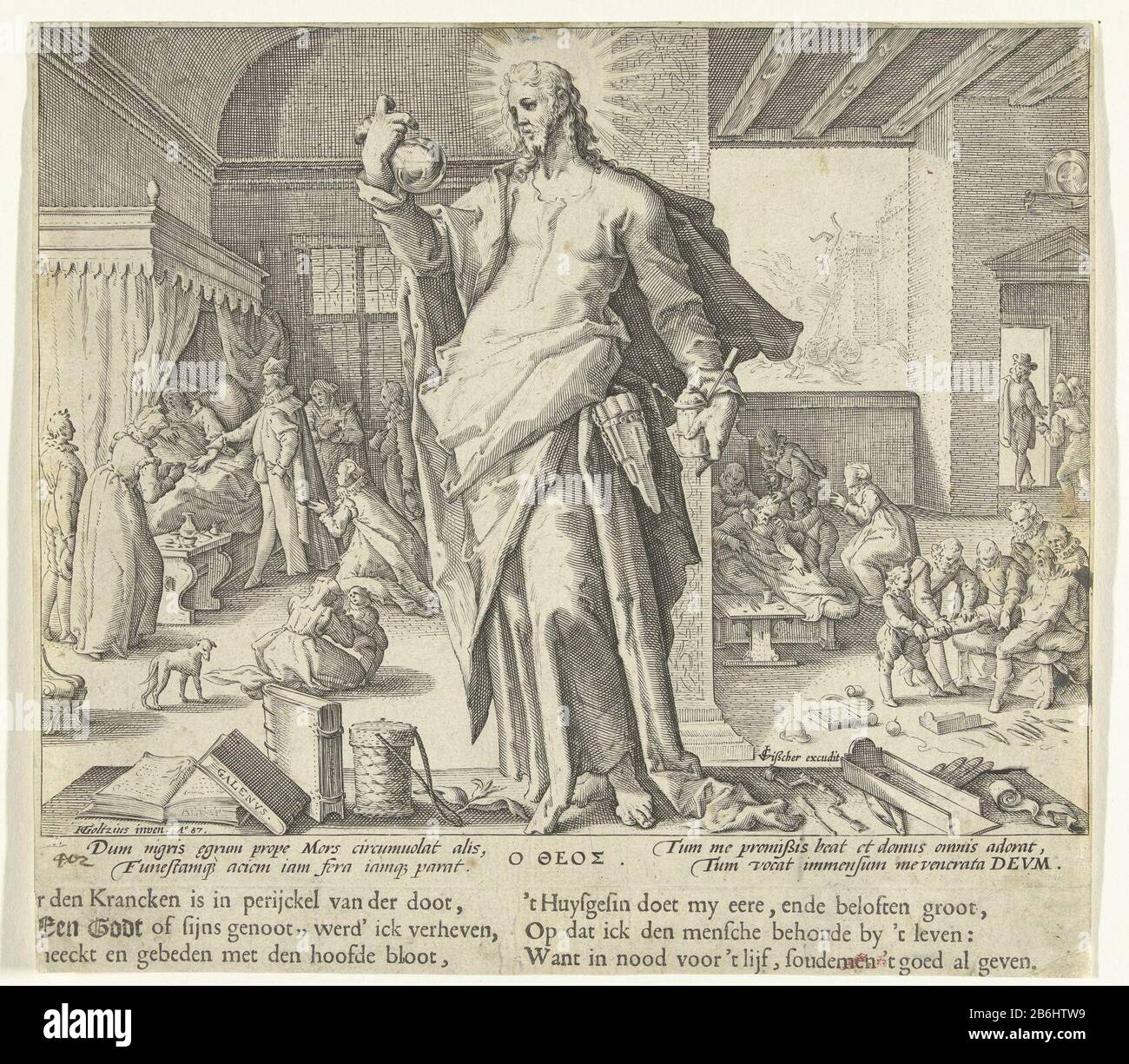 Le médecin en tant que Dieu la profession médicale (titre de série) dans une maison un homme couché malade dans le lit, la famille bouleversée et priant pour lui. Un médecin ressent son poignet. Dans la chambre là-bas et juste à travers la fenêtre pour voir ce qui est arrivé à l'homme: Il a sa tête et sa jambe mal dans une chute d'une échelle. Au premier plan, une figure semblable au Christ, se tenant au milieu des manuels et instruments médicaux. Sous la représentation gravé des textes latins et grecs (en dehors du bord de la plaque mais sur la même feuille) néerlandais imprimé, Où: En expliquant que le médecin si un dieu est hélé comme une vie de celui-ci pend par une threa Banque D'Images