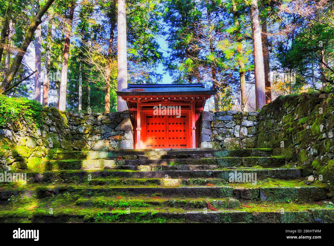 Porte en bois rouge dans un mur de pierre autour du jardin japonais traditionnel sous de grands pins dans le village de montagne Ohara. Banque D'Images
