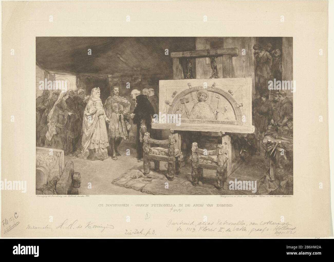Le sculpteur montre le tympanum d'Egmond aan Gravin Petronella, vers 1120 Gravin Petronella dans l'abbaye van Egmond (titre objet) le sculpteur du tympanum de l'abbaye d'Egmond : Le tambour d'arche avec Pierre, le comte Dirk VI et sa mère Comtesse Petronella reçoivent la comtesse Petronella avec son fils Dirk VI et ses effets dans son studio à l'abbaye d'Egmond . Le soulagement juste terminé est sur un âne, avec deux chaises avant. Les moines de droite regardent loin Petronella (à l'origine Geertruida) de Saxe était la femme de Floris II, comte de Hollande. La pierre a été faite environ 1120, l'idée doit donc dans cette période Banque D'Images