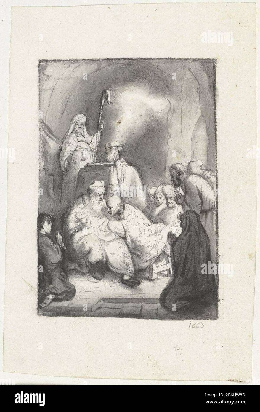 Circoncision Circoncision type d'objet: Dessin Numéro d'objet: Bi 1887-1463-152BCatalogusreferentie: Kettering 62 GsOpmerking: Folio 152b Fabricant : artiste: Moses ter Borch à imprimer par Rembrandt van Rijn Lieu de fabrication: Zwolle Date: 1660 Caractéristiques physiques: Pinceau en noir , sur traces de craie noire; lignes en noir: Papier aquarelle encre craie technique: Taille de pinceau: Feuille: H 145 mm × W 95 mmTekening avec un autre dessin coincé dans le scrapbook familial. Copiez le gravure de Rembrandt, vers. 1630 (B.48) . Objet: Circoncision du Christ-enfant par les prions Banque D'Images