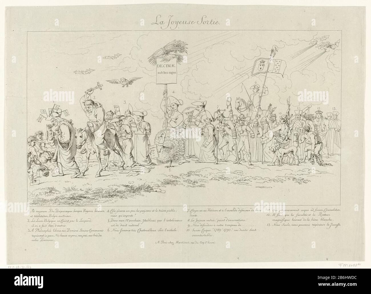 L'exode joyeux Joyeuse la Sortie (titre objet) Révolution du Brabant, 1787-1790 (titre de la série) Carion sur la chute de l'intervention armée des Pays-Bas des Etats-Unis par la Prusse en 1790. Dans une longue procession, laissez les dirigeants caricatural et les partisans de la Révolution du Brabant. Dans la procession, on compte le clergé, la turquie, le vétéran de la guerre, les chasseurs et un forgeron avec des bouées. Avec les symboles 1-13 en français. Partie d'un grand groupe de photos liées aux événements de la Révolution du Brabant et de la période 1787-1790. Fabricant : printmaker: Éditeur anonyme: Aaron Martinet Lieu de fabrication: Imprimer Banque D'Images