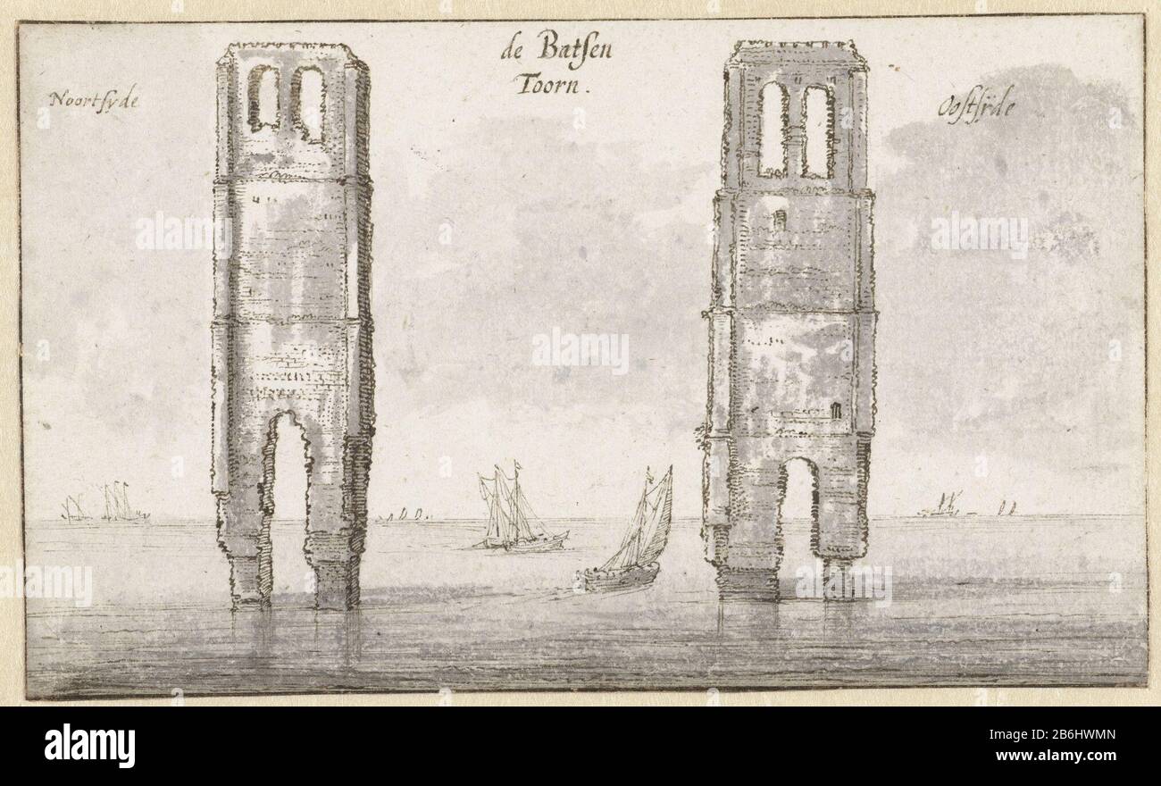 Les ruines de la tour de Bath ZELANDE Buseaux Wrath (titre objet) Draft prent. Fabricant : Artiste Claes Jansz . Visscher (II) Date: 1631 - 1636 Caractéristiques physiques: En stylo brun, pinceau en matière grise: Papier encre technique: Stylo / pinceau dimensions: 90 mm × h b 151 mmToelichtingVgl Hollstein 38, p. 117, No 232 Objet: Ruine d'un bâtiment  architecture église (extérieur) paysages avec eau, capes d'eau, paysages marins (dans la zone tempérée) paysage avec ruinsnoms géographiques de pays, régions, montagnes, rivières, etc (ZÉLANDE) Noms de villes et villages (avec NOM) W Banque D'Images