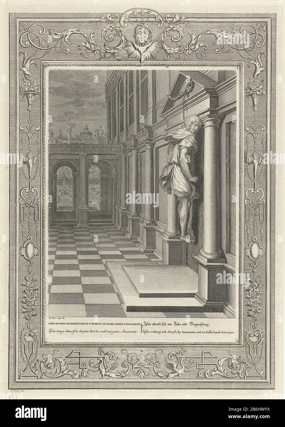Le mort iphis L'iphis amusant s'est pendu après Anaxarete qu'il a constamment rejeté. En marge du titre en français, anglais, allemand et néerlandais. Le spectacle est décoré avec un rand décoratif. Fabricant : Print maker: Bernard Picart (indiqué sur l'objet) supervision: Bernard Picart (indiqué sur l'objet) à dessin de: Bernard Picart (indiqué sur l'objet) Lieu de fabrication: Amsterdam Date: 1733 Caractéristiques physiques: Gravure, gravure imprimée à partir de deux feuilles de matériaux: Technique papier: Gravure / engraca (procédé d'impression) mesures: Bord de la plaque: H 250 mm × l 175 mm × h Banque D'Images