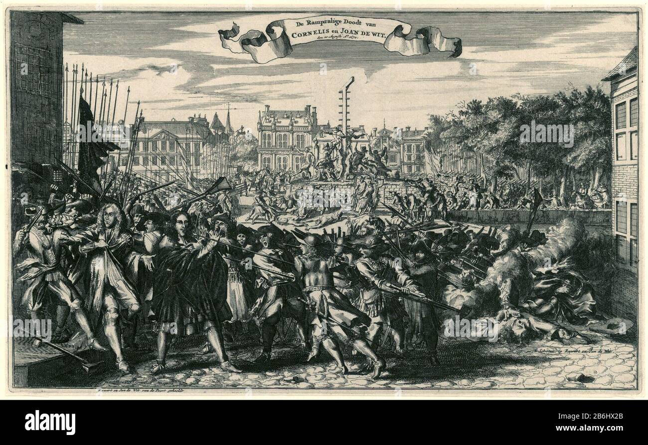 La mort des frères de Witt, le Désastreux de 1672 Tue Cornelis et Joan de Wit, l'Ao 20 Augusti 1672 (titre objet) le meurtre des frères de Witt, le 20 août 1672. Les divers épisodes du meurtre des frères de Witt se sont transformés en une seule exécution. Les marquages dans et sous la performance indiquent les différents gebeurtenissen. Fabricant : print maker: Romeyn The Hooghe (attribué à) Lieu de fabrication: Northern Netherlands Date: 1672 - 1675 Caractéristiques physiques: Gravure et engrai matériau: Technique du papier: Gravure / engraa (procédé d'impression) mesures: Bord de la plaque: Banque D'Images