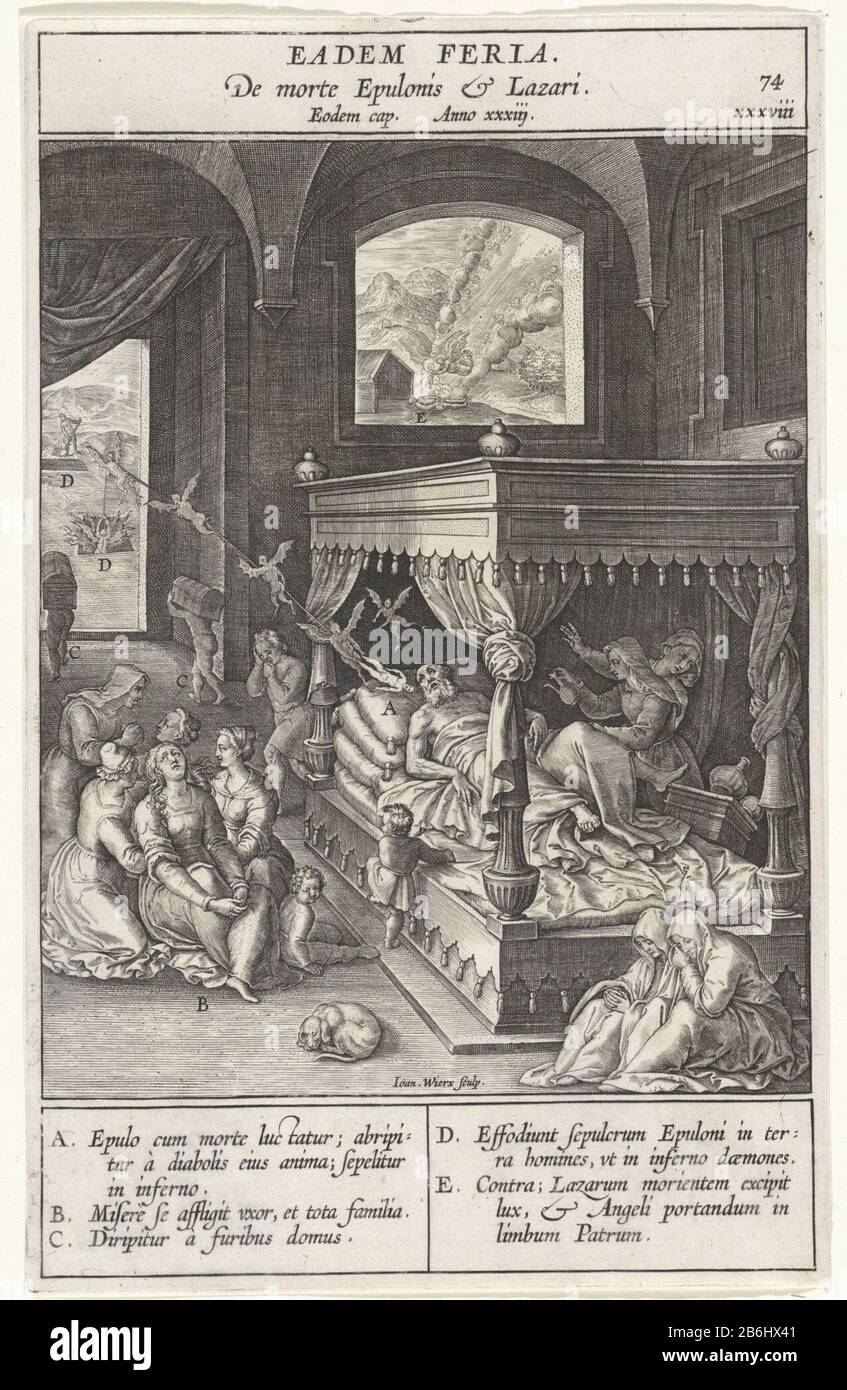 La mort de l'homme riche et Lazarus Eadem Feria (titre objet) L'homme riche est sur son lit de mort. La famille et les amis pleurent les morts. Les démons prennent l'âme de l'homme riche en enfer. En arrière-plan vous pouvez voir comment l'âme de Lazarus est portée par un ange au ciel. À divers éléments du spectacle sont des lettres qui correspondent à la légende dans la marge. Fabricant : printmaker John Who: Rix (propriété cotée) conçu par: Bernardino PasseriPlaats fabrication: Anvers Date: 1593 Caractéristiques physiques: Matériau automobile: Technique du papier: Engraa ( procédé d'impression) mesures: Bord de la plaque: H 233 mm × W 14 Banque D'Images