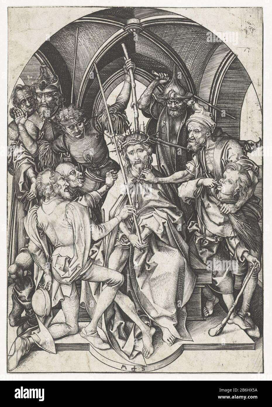 Le couronnement des épines La Passion (titre de la série) le Christ est assis sur une plate-forme avec une couronne d'épines sur sa tête. Il est entouré d'hommes; certains d'entre eux l'ont battu avec des bâtons, certains faisant des gestes insultants, on appuie Christ un bâton dans ses mains. Ce tirage fait partie d'une série de douze tirages représentant des scènes du Lijdensverhaal. Fabricant : printmaker Martin Schongauer (propriété cotée) Lieu de fabrication: Allemagne Date: 1470 - 1490 Caractéristiques physiques: Matériel automobile: Technique du papier: Engrala (impression) Dimensions: Feuille: H 161 mm × W 113 mm Objet: Le couronnement avec épines: Soldats wi Banque D'Images
