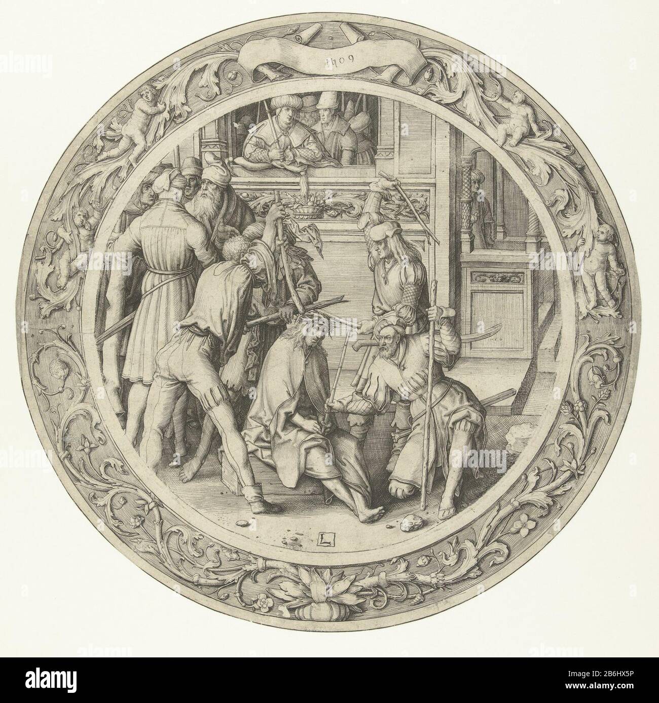 Le couronnement des épines de Rode Passion (titre de la série) Christ, assis, est le personnel imprimé et couronne de épines tête geslagen. Fabricant : printmaker: Lucas van Leyden (bâtiment classé) dans sa conception: Lucas van Leyden Lieu de fabrication: Pays-Bas Date: 1509 Caractéristiques physiques: Matériau de la voiture: Technique du papier: Engraa (processus d'impression) Dimensions: Feuille d 285 mm Objet: Le couronnement avec épines: Les soldats avec des bâtons placent une couronne épineuse sur la tête du Christ et lui donnent un roseau (Matthieu 27: 27-31; Marc 15: 16-20; Jean 19: 2-3) Banque D'Images