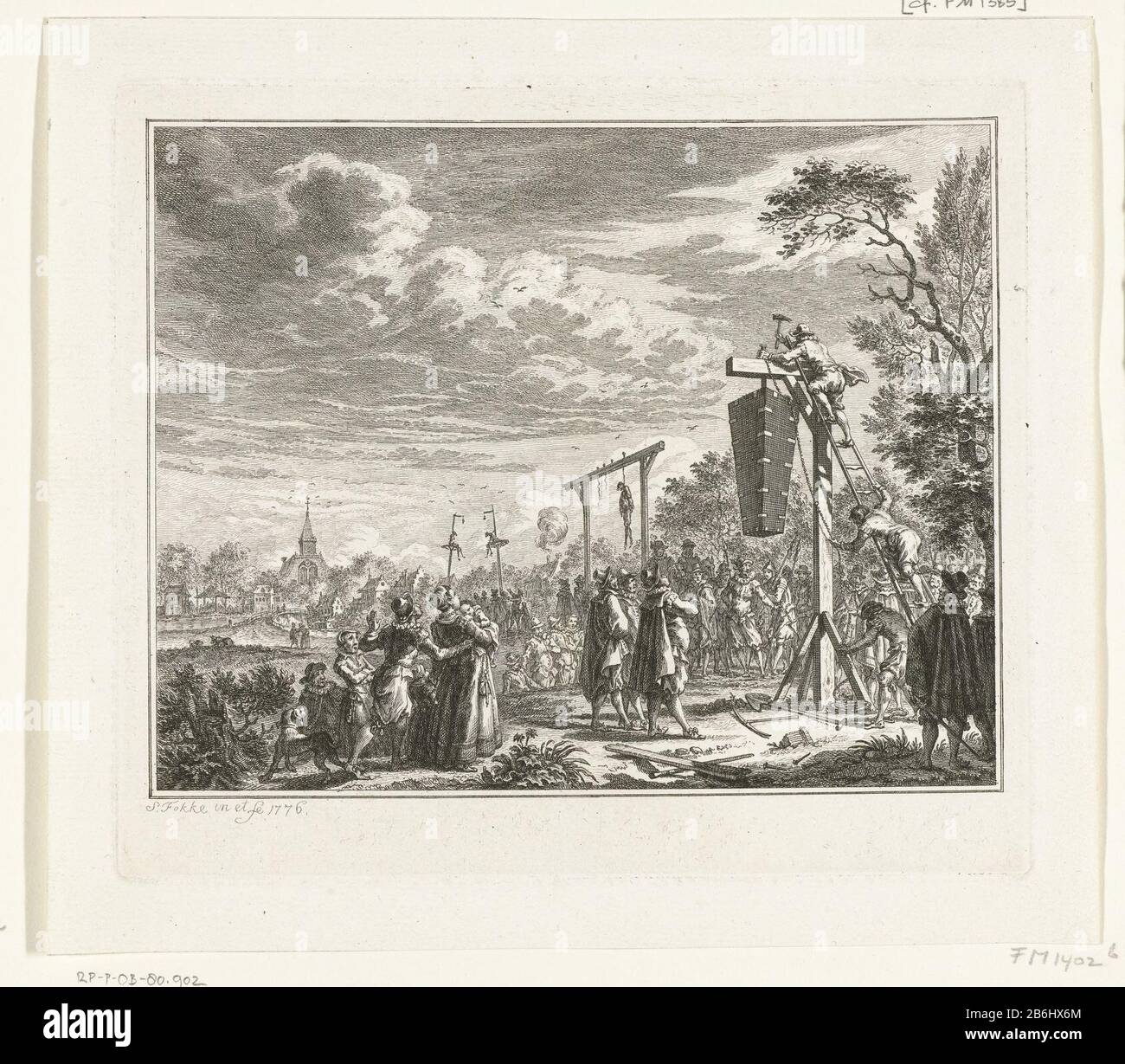 Le cercueil de Ledenberg est suspendu des galons, 1619 Le cercueil avec les restes Gilles de Ledenberg pendu sur les galons à l'extérieur de la Haye, 15 mai 1619. Fabricant : printmaker Simon Fokke (bâtiment classé) dans son dessin: Simon Fokke (propriété cotée) Lieu de fabrication: Nord des Pays-Bas Date: 1776 Caractéristiques physiques: Matière de gravure: Technique du papier: Dimensions de gravure: Bord de la plaque: H 178 mm × W 205 mmTohtelielicingVolgens Muller utilisé Wagenaar, Vaderlandsche historie. Objet: Mort violente en penchant à la recherche de la mort, de la condamnation au suicide et de l'exécution de Gilles Ledenberg Quand: 1619-05- Banque D'Images