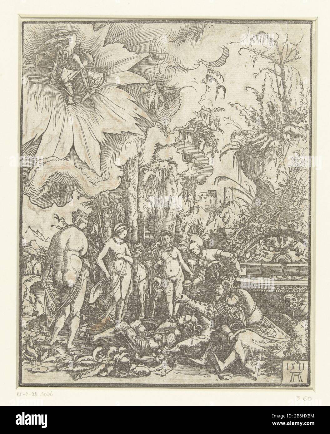 Le rêve de Paris le jugement de Paris Paris vêtu d'un chevalier en armure, dormant sur le sol près d'une fontaine. Avec lui, Mercure lui fait appel dans son rêve. Autour d'eux sont les déesses Juno, Minerva et Vénus. Une femme à la fontaine, la boule d'or vaste. Fabricant : printmaker Albrecht Altdorfer (propriété cotée) Lieu de fabrication: Allemagne Date: 1511 Caractéristiques physiques: Matière de coupe de bois: Technique du papier: Dimensions de la coupe de bois: Image: H 202 mm × W 162 mm Objet: Le rêve de Paris Banque D'Images