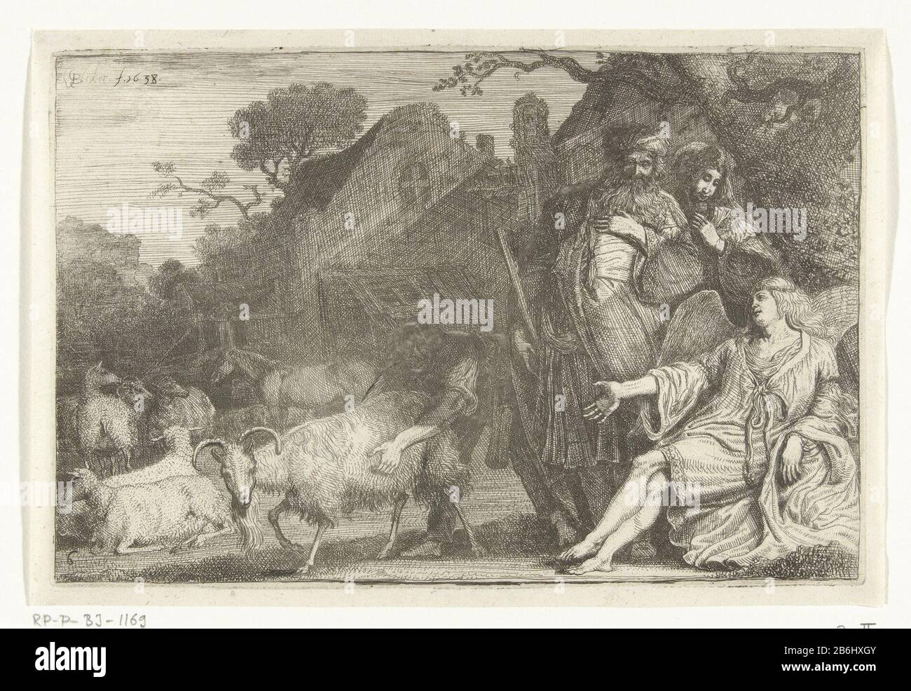 L'ange a promis à Abraham un fils un ange Abraham et Sarah prédit la naissance de leur fils Isaac. L'ange est assis sous un arbre, Abraham et Sarah à côté de lui. Un garçon tient les animaux à leur maison dans le coucher. Fabricant : printmaker Gerrit Bleker (propriété cotée) Lieu de fabrication: Haarlem Dating: 1638 Caractéristiques physiques: Matière de gravure: Technique du papier: Gravure Dimensions: Arête de plaque: H 142 mm × W 204 mm Sujet: La visite des trois anges (trois hommes)  histoire d'Abraham (Genèse 18) Banque D'Images