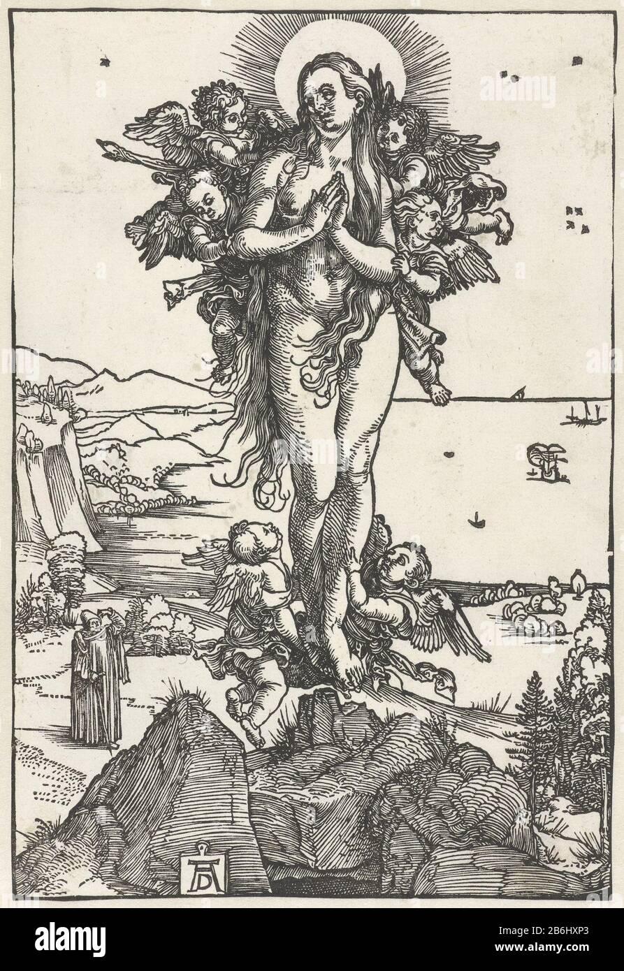 L'ecstasy de Marie Magdalene Mary Magdalene par des anges au-dessus d'un paysage se comporte. En arrière-plan a laissé un homme à son kijkt. Fabricant : printmaker Albrecht Dürer (propriété cotée) Lieu de fabrication: Nuremberg Date: 1504 - 1505 Caractéristiques physiques: Matière de coupe du bois: Technique du papier: Bois Dimensions: Feuille: H 213 mm × W 144 mm Objet: Le harlot penitent Mary Magdalene; attributs possibles: livre (ou scroll), couronne, couronne d'épines, crucifix, bocal d'onguent, miroir, instrument de musique, palmier, rosaire, fléau Banque D'Images