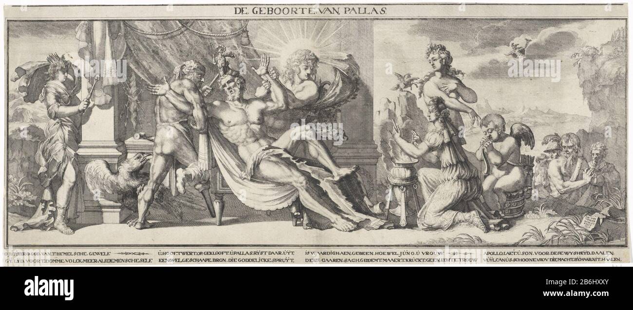 La naissance de Pallas (objet titre) à partir de la tête de Jupiter Minerva est née. Il est aidé par la hache du Vulcan paralysé et détenu par Apollo. Fabricant : printmaker Jan van Vianen (propriété listée) conçu par Jan van Vianen (propriété listée) Lieu de fabrication: Nord des Pays-Bas Date: 1693 Caractéristiques physiques: Gravure et engrafage matériel: Technique du papier: Gravure / engrafé (impression) mesures: Feuille: H 213 mm × W 506 mmTelichtDeze imprimer avec RP-P-15 OB 658 gedrukt. Sujet d'une plaque: (Histoire de) Pallas - naissance Banque D'Images