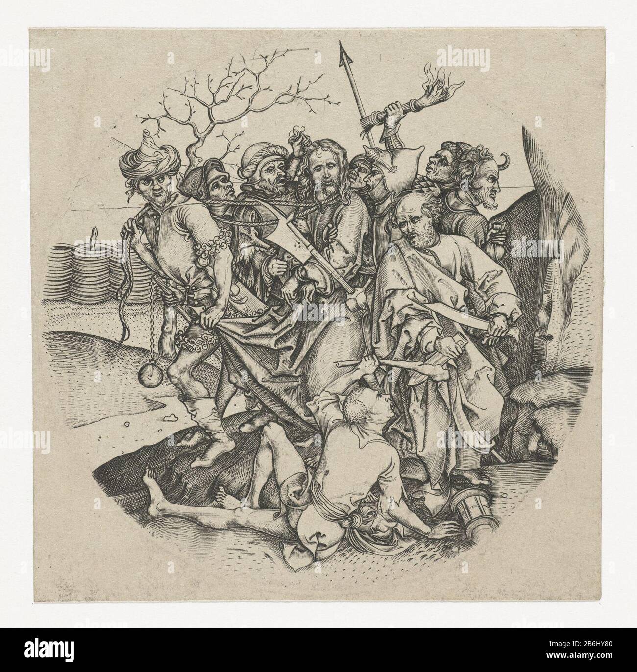 La capture de la Passion (titre de la série) Christ a lié le cou et les mains apporté par un groupe d'hommes armés. Ce tirage fait partie d'une série d'imprimés ronds illustrant des scènes de la Passion, des copies de tirages de Martin Schongauer. Fabricant : à imprimer par Martin Schongauerprentmaker: Fabrication anonyme: Allemagne (possible) Date: 1470 - 1490 Caractéristiques physiques: Matière automobile: Technique du papier: Engraa (impression) / engraa en argent mesures: Bord de la plaque: D 108 mm Sujet: Christ est conduit ~ jardin de Gsemetane Banque D'Images