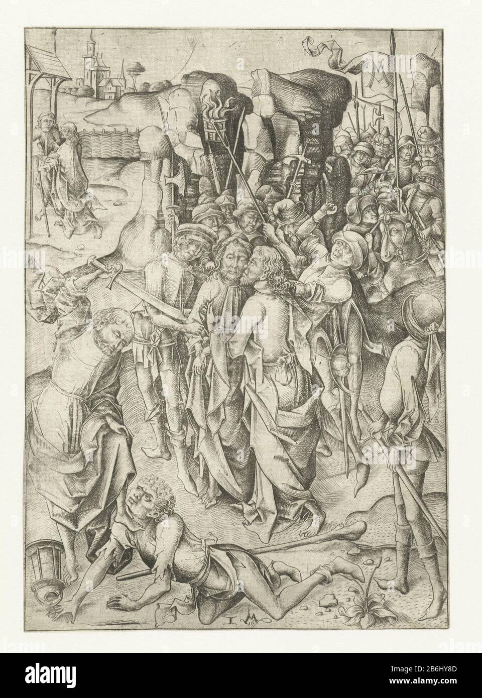 La capture La Passion (titre de la série) Christ a été trahi par Judas avec un baiser. Les soldats se tiennent derrière le Christ prêt à l'exécuter. Ce tirage fait partie d'une série de douze tirages représentant des scènes du Lijdensverhaal. Fabricant : printmaker: Israhel de Meckenem (propriété cotée) Lieu de fabrication: Bocholt (Allemagne) Date: 1455 - 1503 Caractéristiques physiques: Matériel automobile: Technique du papier: Engrala (impression ) mesures: Feuille: H 208 mm × W 147 mm Objet: Le baiser ou Judas: Accompagné de soldats avec lanternes et torches, hey kisses Christ Banque D'Images