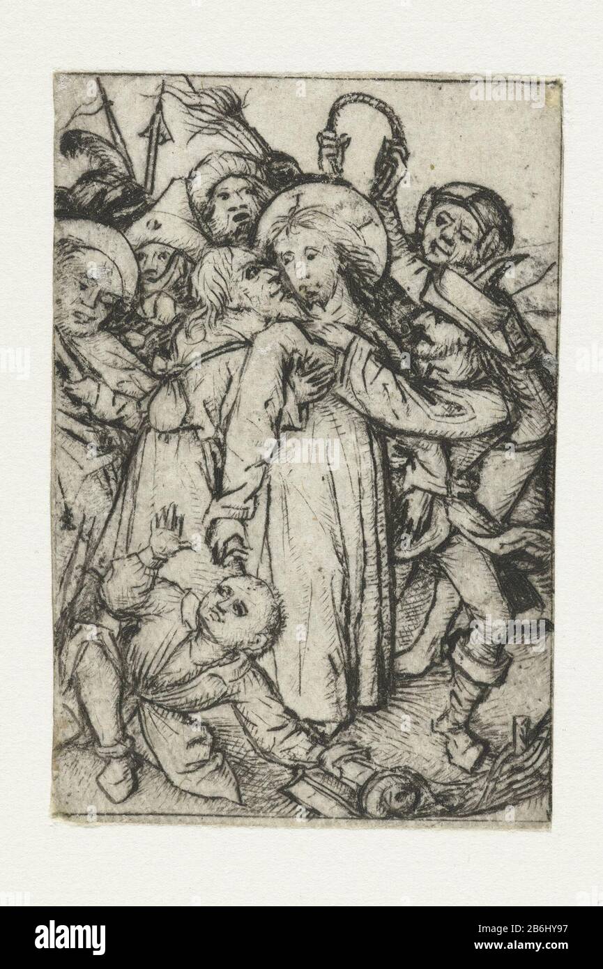 L'arrestation du Christ étant embrassé par Judas pendant qu'il est emprisonné. Dans sa main droite a coupé l'oreille Malchus. Fabricant : printmaker Master of the Amsterdam Cabinet To own design: Master of the Amsterdam Cabinet Place fabricación: Germany Date: 1470 - 1475 Caractéristiques physiques: Matières sèches: Technique du papier: Matières sèches Dimensions: Feuille: H 64 mm x b 43 mmToeliechtingunicum, bon mitruk lourd Sujet: Malchus est guéri par Christthe kiss de Judas: Accompagné de soldats avec des torches et des lanternes, il embrasse Christ Banque D'Images