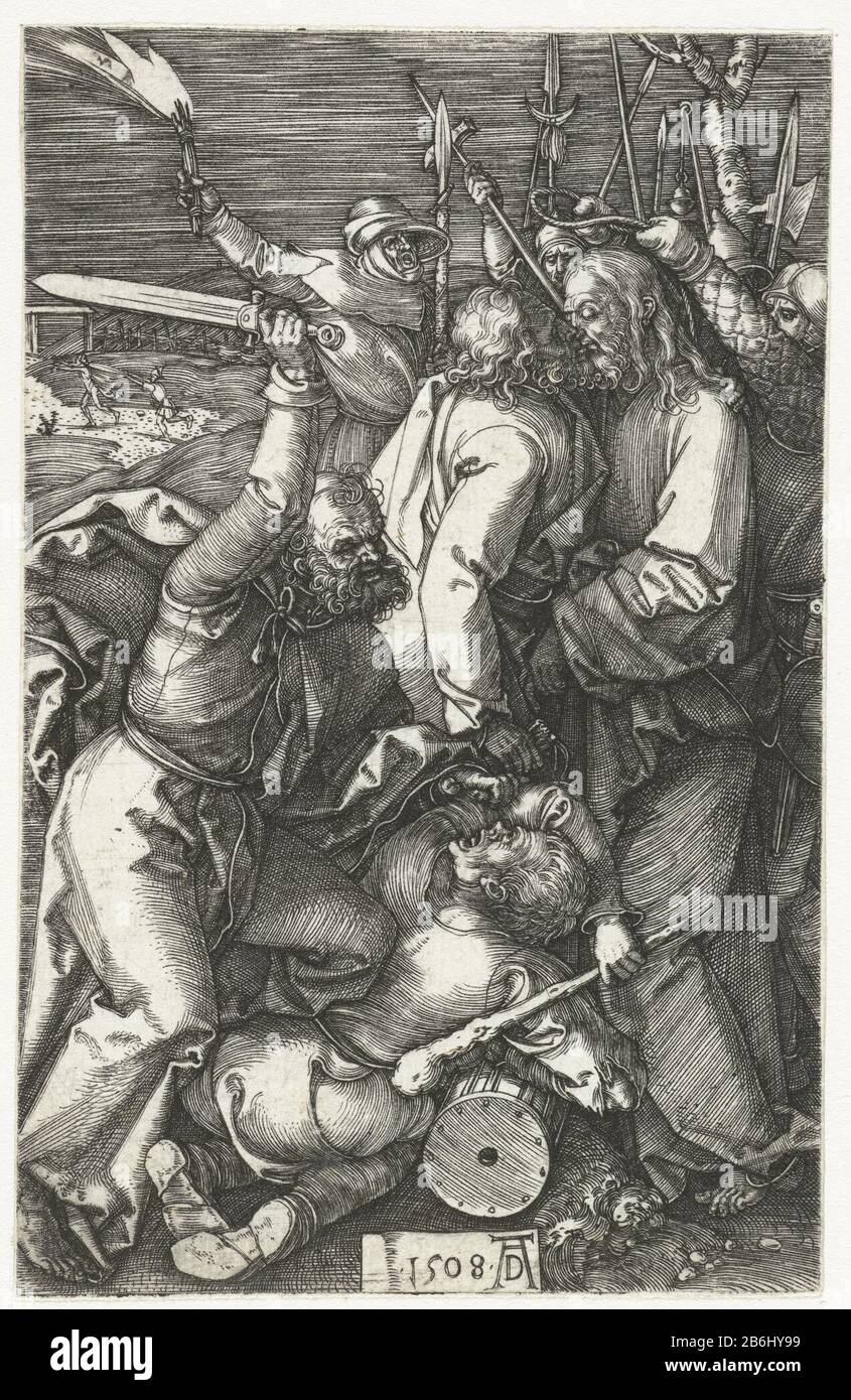 L'arrestation Gravé Passion (titre de série) Christ par Judas trahit un baiser. Les soldats se tiennent derrière le Christ prêt à l'exécuter. Ce tirage fait partie d'une série de 16 tirages représentant des scènes du Lijdensverhaal. Fabricant : printmaker Albrecht Dürer (propriété cotée) Lieu de fabrication: Nuremberg Date: 1508 Caractéristiques physiques: Matériel automobile: Technique du papier: Engrala (impression) Dimensions: Feuille: H 116 mm × W 74 mm Sujet: Le baiser de Judas: Accompagné de soldats avec des torches et des lanternes, il embrasse le Christ Pierre tire son épée et coupe l'oreille de Malchus Banque D'Images