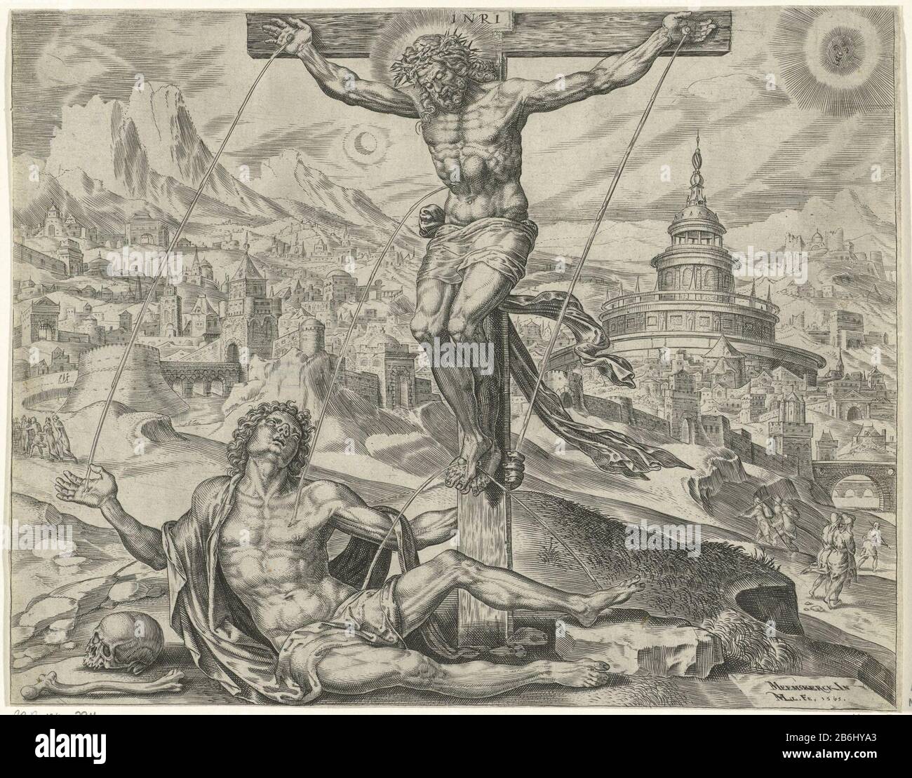 L'homme blessé guéri par le sang du Christ comme Le Bon Samaritain (titre de série) L'homme blessé est guéri par le sang du Christ qui tombe sur lui alors qu'il est sous la croix. En arrière-plan une ville. Vers le bas d'un verset en latin dans la marge. Variation de la parabole du bon Samaritaan. Fabricant : printmaker: Harmen Jansz Muller (bâtiment classé), conçu par Maarten van Heemskerck (propriété cotée) écrivain: Hadrien Junius Lieu de fabrication: Amsterdam Date: 1565 Caractéristiques physiques: Matériel automobile: Papier: Technique engrala (impression) Dimensions: Bord: H 193 mm × W 247 mmToeli Banque D'Images