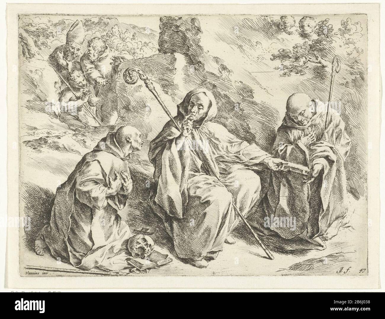 Sur sanctifier Benoît zittend Skripsie de beiligen Brun en Bernard Paradigmata graphiste divers artistes (serietitel) Trois saints assis dans un paysage. Saint Bruno à gauche, au centre et à droite Benoît Bernard. Dans le fond derrière une pierre un évêque, Jean le Baptiste et un homme avec baard. Fabricant : printmaker: John Bishop (bâtiment classé), conçu par Francesco Vanni (propriété cotée) au dessin: Giovanni Lanfranco (attribuée à ) Lieu de fabrication: Nord des Pays-Bas Date: 1668 - 1671 Caractéristiques physiques: Matière de gravure: Papier: Technique de gravure dimensions: Bord de la plaque: H 152 mm × W 20 Banque D'Images