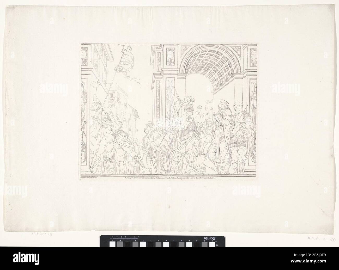 St James Healing the Blind, les fresques d'Andrea Mantegna dans la Chiesa degli Eremitani Padoue (titre de la série) Jakobus staat tussen enkele soldaten en een tempelgang. Voor hem knielt een blinde man die vraagt om genezing. Jakobus zegent de blinde man. Liens wordt een man porte een soldaat tegengehouden. Fabricant : préfabricant: Giovanni David (vermeld op object)naar tekening van: Giovanni David (vermeld op object)naar schildering van: Mantegna (vermeld op object)opdrachtgever: Giacomo Durazzoopgedragen door: Giacomo Durazzoopgedragen aan: Wenzel Anton Kaprunitzmaker: Fabrication Banque D'Images