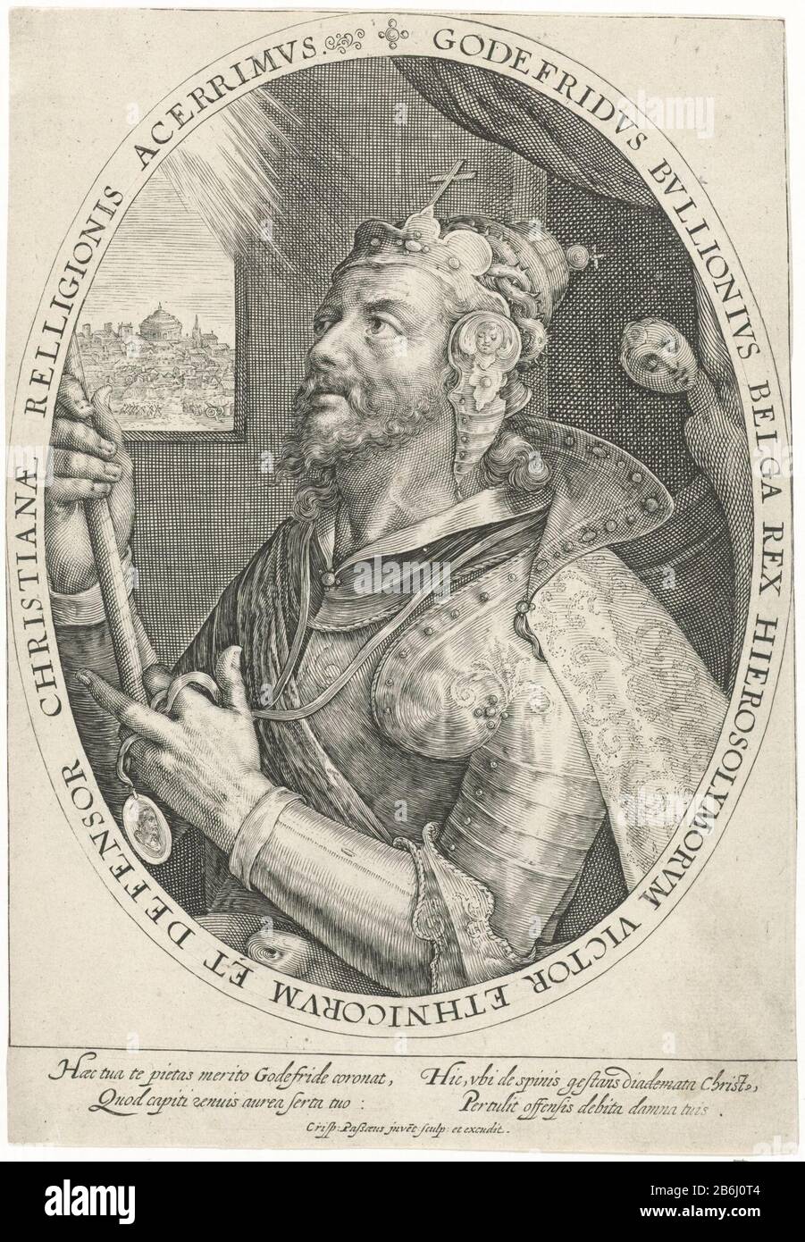 Le héros Godfrey de Bouillon les neuf héros (titre de la série) le héros chrétien Godfrey de Bouillon. En arrière-plan le siège d'une ville. Le spectacle est tenu dans un cadre ovale avec une inscription de bord en latin. Dans la marge une légende en latin Où: Loué dans Godfrey. Imprimez une série de neuf avec helden. Fabricant : printmaker: Crispijn de Passe (I) (bâtiment coté) dans son dessin: Crispijn de Passe (I) (bâtiment coté) éditeur: Crispijn de Passe (I ) (bâtiment coté) Lieu de fabrication: Date inconnue: 1574 - 1637 Caractéristiques physiques: Matériel automobile: Technique papier: A (processus d'impression) Di Banque D'Images