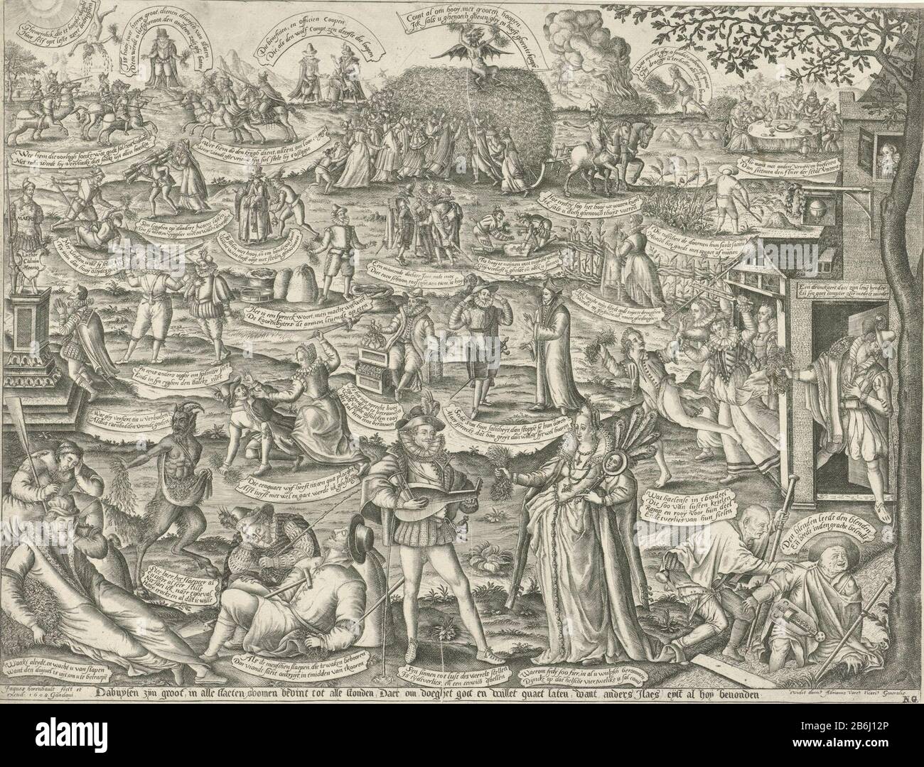 Le Foin Wain Le Foin Wain. Allégorie de la péché de l'homme: Où: Avertissement pour faire le bien et le mal à la forme d'innombrables proverbes. Les figures dans les proverbes imagés ont tous une tuft de foin dans la main; toutes les inscriptions de proverbes avec commentaire en néerlandais. Dans le premier plan au centre monde féminin et élégante dame avec miroir avec des plumes de paon d'une part, un bouquet de foin dans l'autre. En face de son joueur avec un sablier luth, où le sable est à court. Laissé sur le deuxième plan un homme à genoux position pour une statue de Mars, avec son manteau des bras des noms Luther, Calvin et Menno ( Banque D'Images