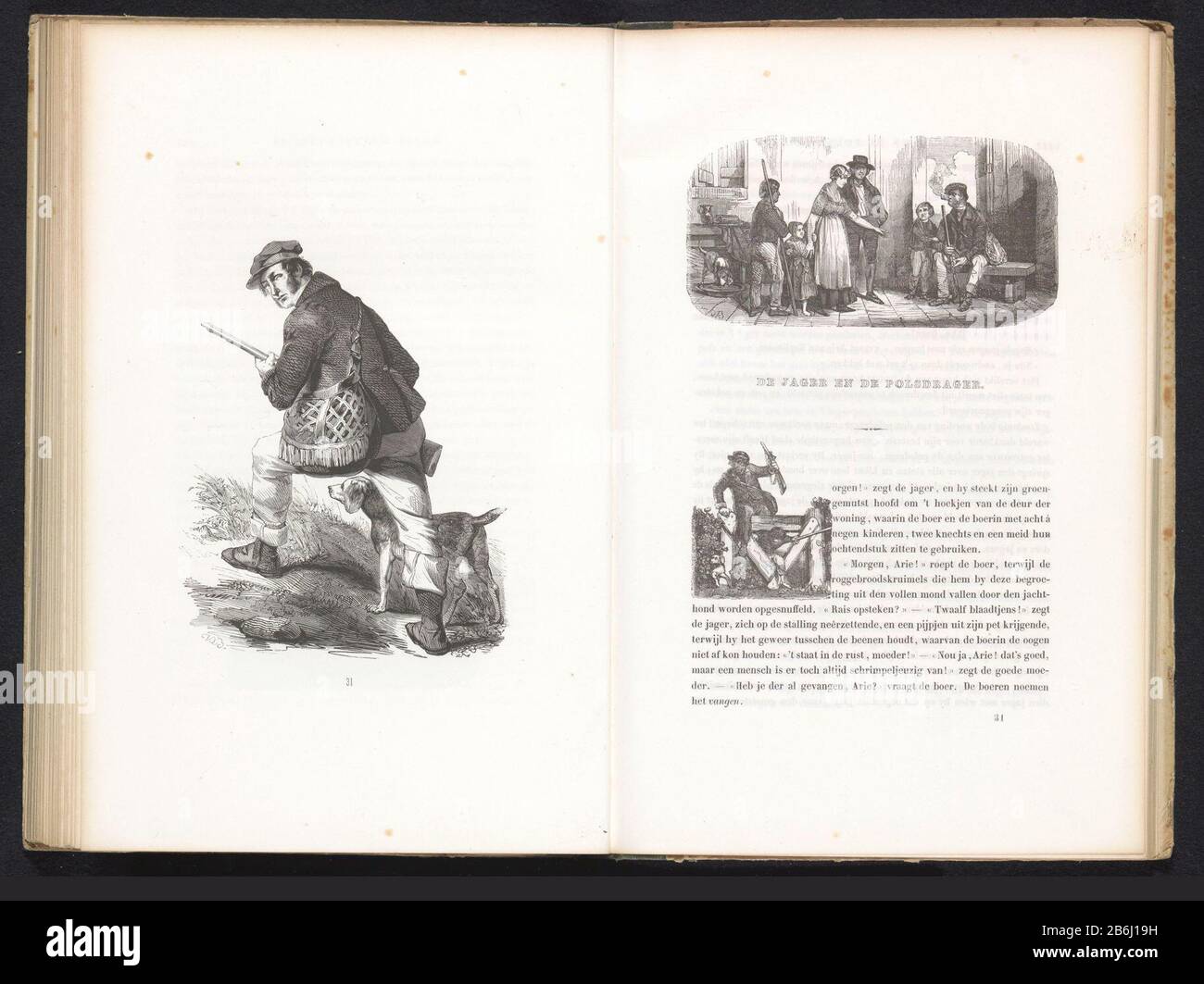 Le chasseur et le repose-poignet, 1840-1841 un chasseur avec un chien de chasse et un sac de jeu. Illustration dans le livre 'The Netherlands: Croquis de caractère, pardessus, attitude et apparence de différentes positions,' un livre d'esquisses de caractères, de professions et de costumes de néerlandais en train de taper 1841. Fabricant : printmaker: Henry Brown au dessin: D.V. Berg (bâtiment classé) éditeur: Dutch Society of beauteous Art Place fabrication: Printmaker: Netherlands to drawing: Netherlands Éditeur: La Haye Date: 1841 Caractéristiques physiques: Impression de texte avec représentation en bois engrala matériel Banque D'Images